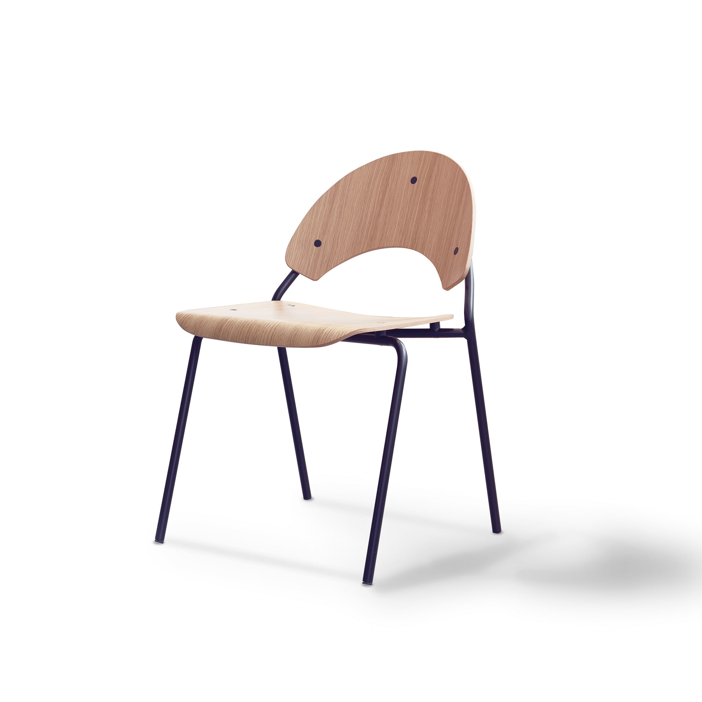The Frog Chair by Richard Lampert is a modern, stackable chair with a curved wooden seat and backrest on a sleek black metal frame. Inspired by Herbert Hirche, it features four slender legs with a minimalist, clean aesthetic.