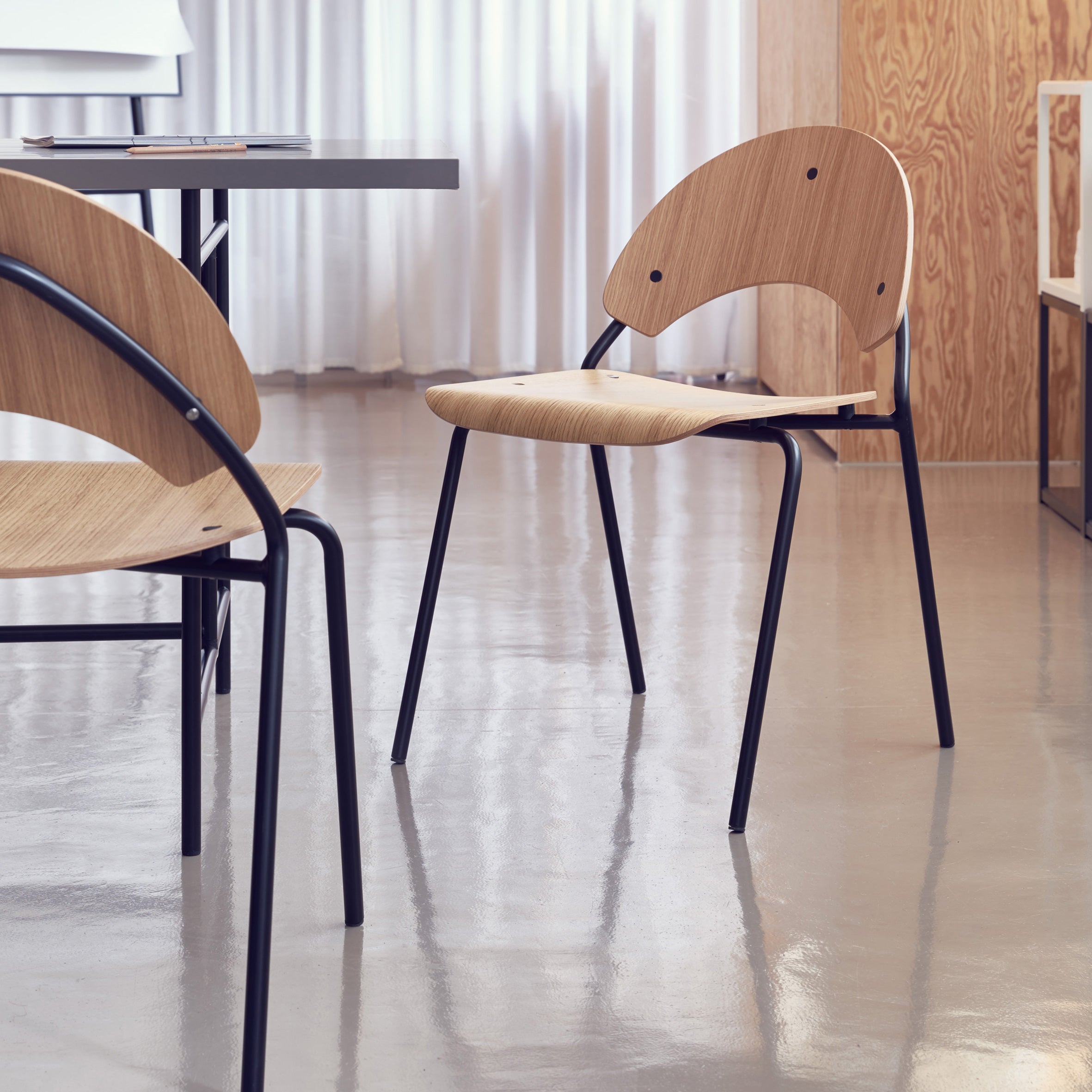 The Frog Chair by Richard Lampert, featuring a modern wooden design with a curved backrest and black metal legs reminiscent of Herbert Hirches style, is placed on a polished concrete floor. A table and another chair are partially visible amid a minimalist interior with white curtains and wood paneling.