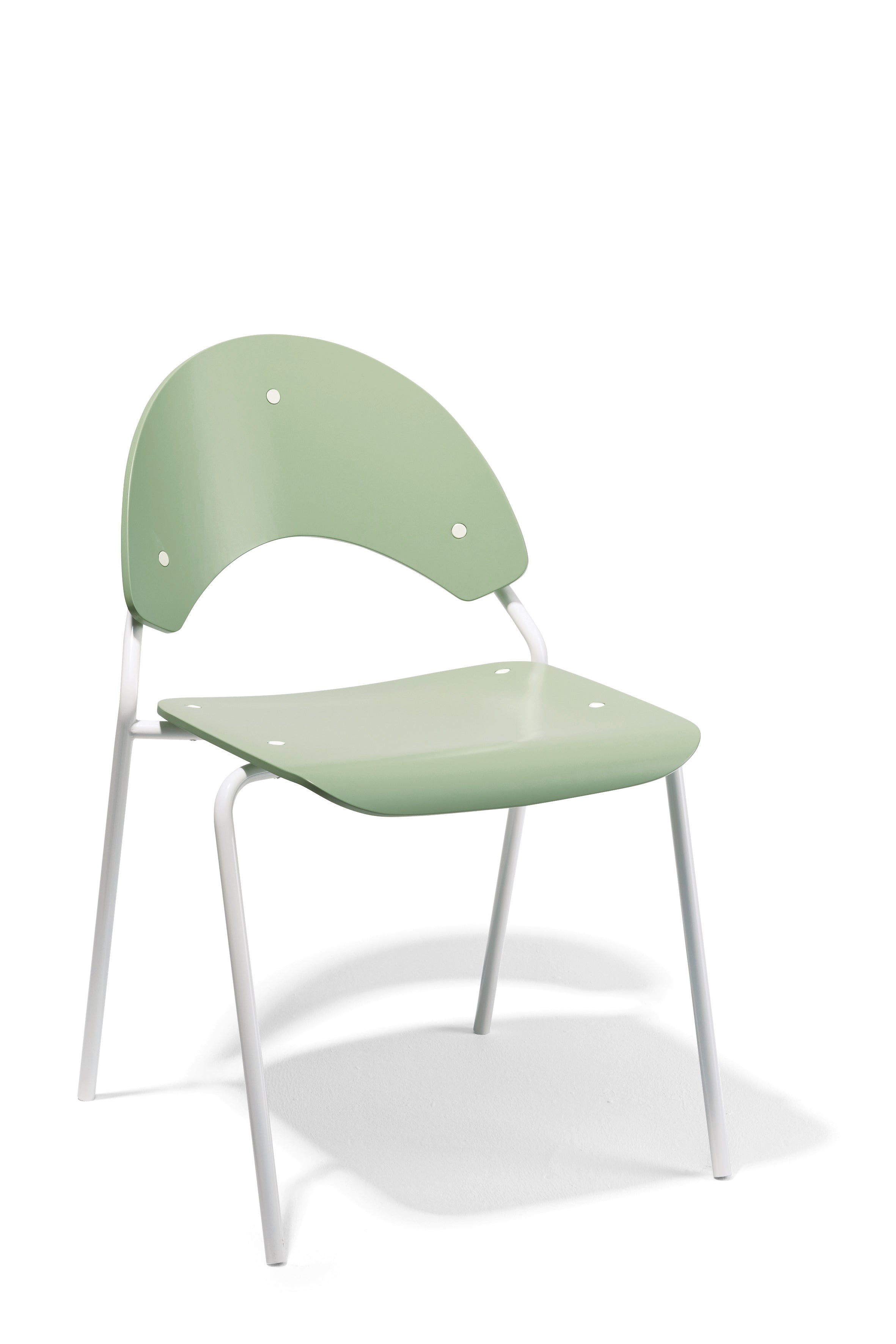 The Frog Chair by Richard Lampert features a modern design with a pale green seat and backrest in a curved shape, supported by a white metal frame with thin legs for a minimalist appeal.