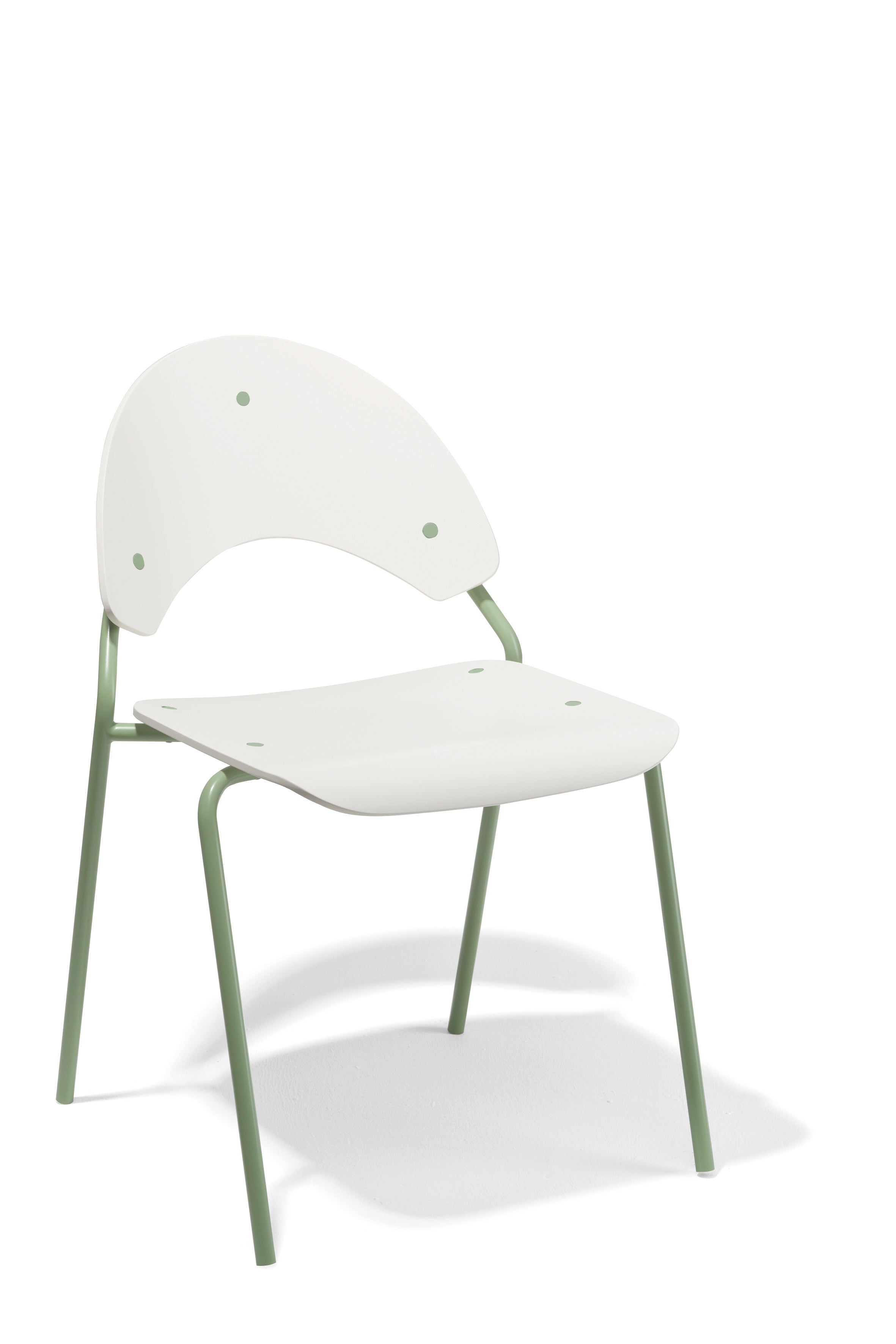The Frog Chair by Richard Lampert showcases a minimalist design inspired by Herbert Hirche. It features a white molded seat and backrest with four green metal legs, positioned against a plain white background, combining style and functionality.