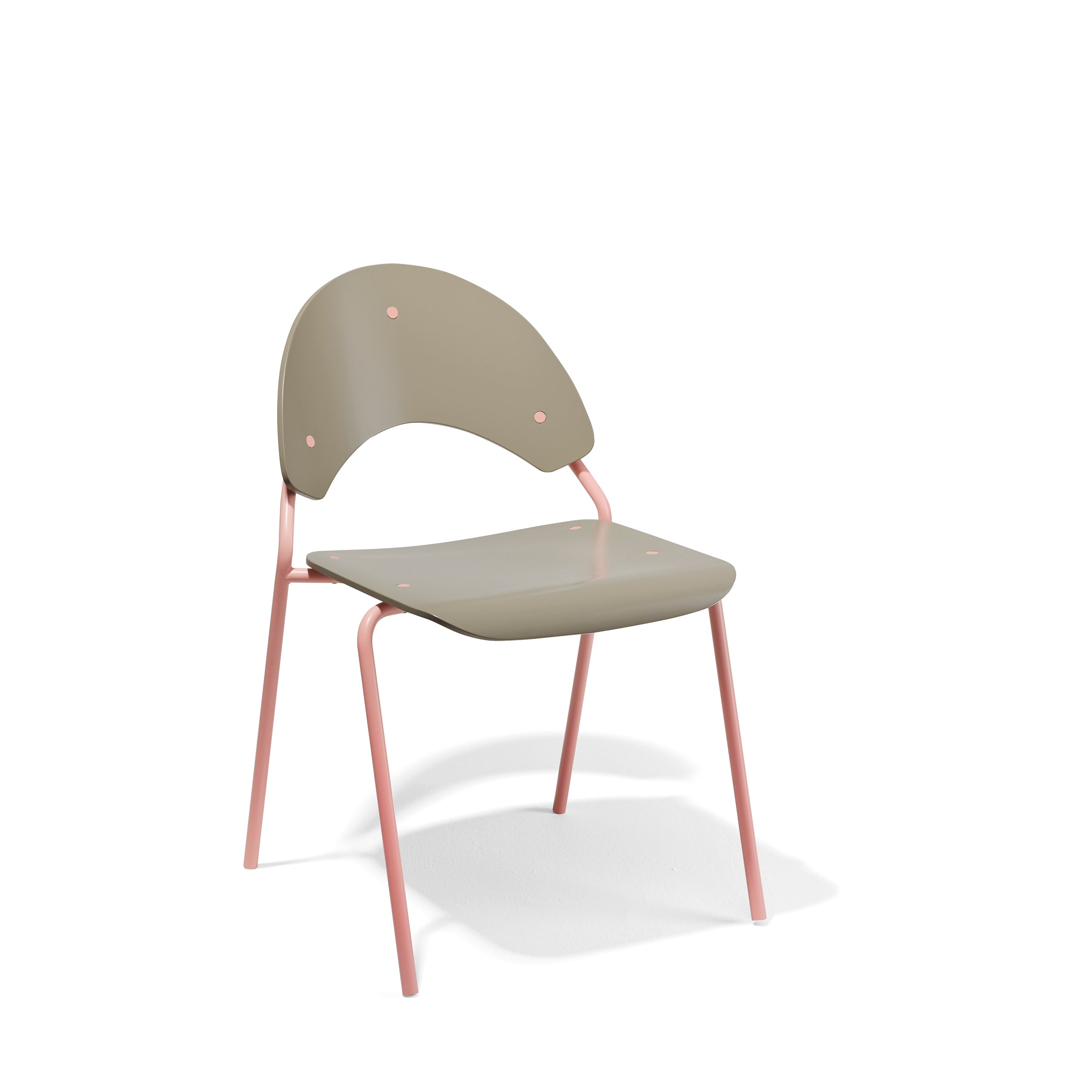 Introducing the stylish Frog Chair by Richard Lampert, a modern piece with a green seat and backrest complemented by playful pink legs. Reminiscent of Herbert Hirche’s aesthetic, its minimalist design features a curved backrest and is showcased against a plain white background.