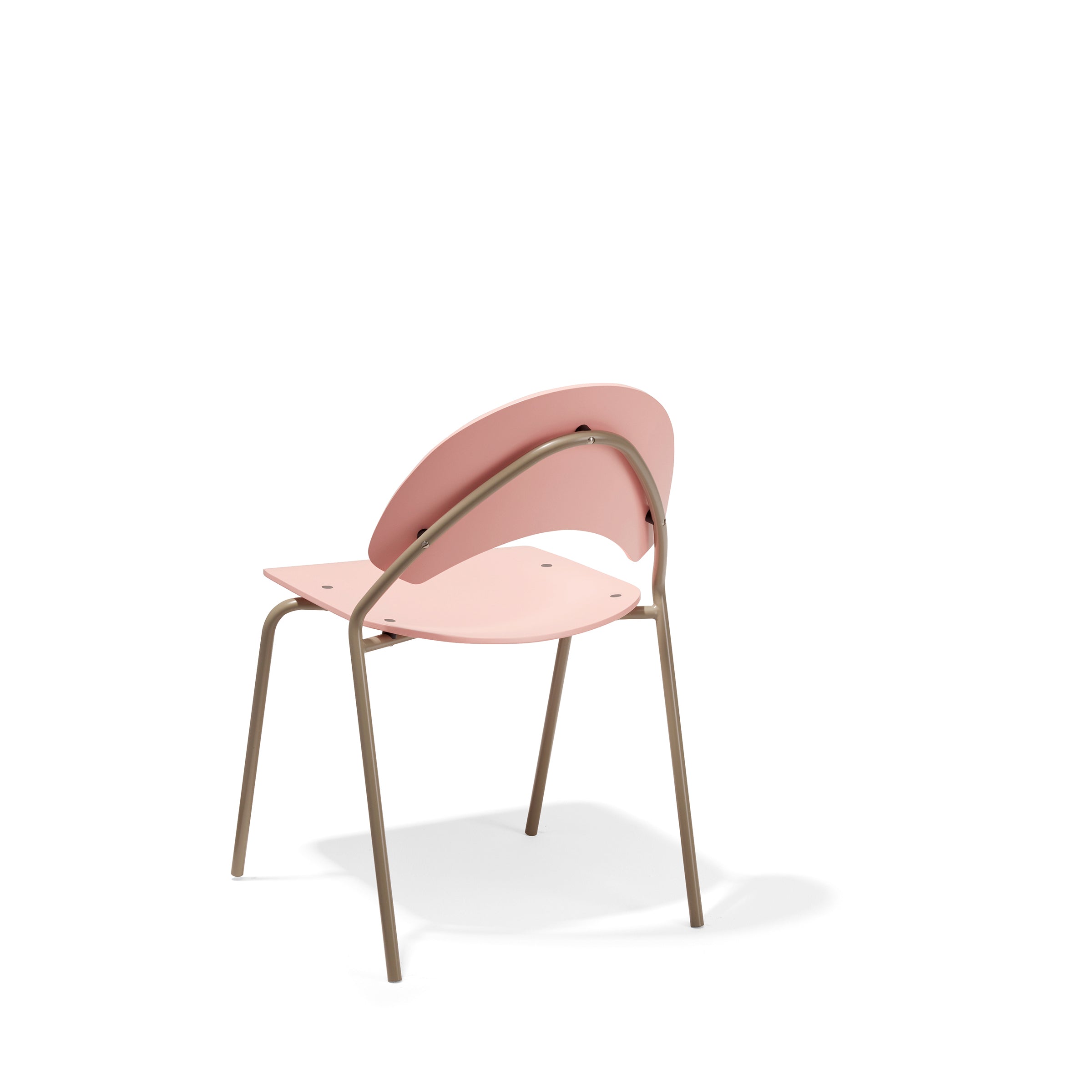 The Frog Chair by Richard Lampert merges modern minimalism with Herbert Hirches style, showcasing a light pink seat and backrest paired with slender, light brown metal legs for an open, sleek silhouette against a plain white background.