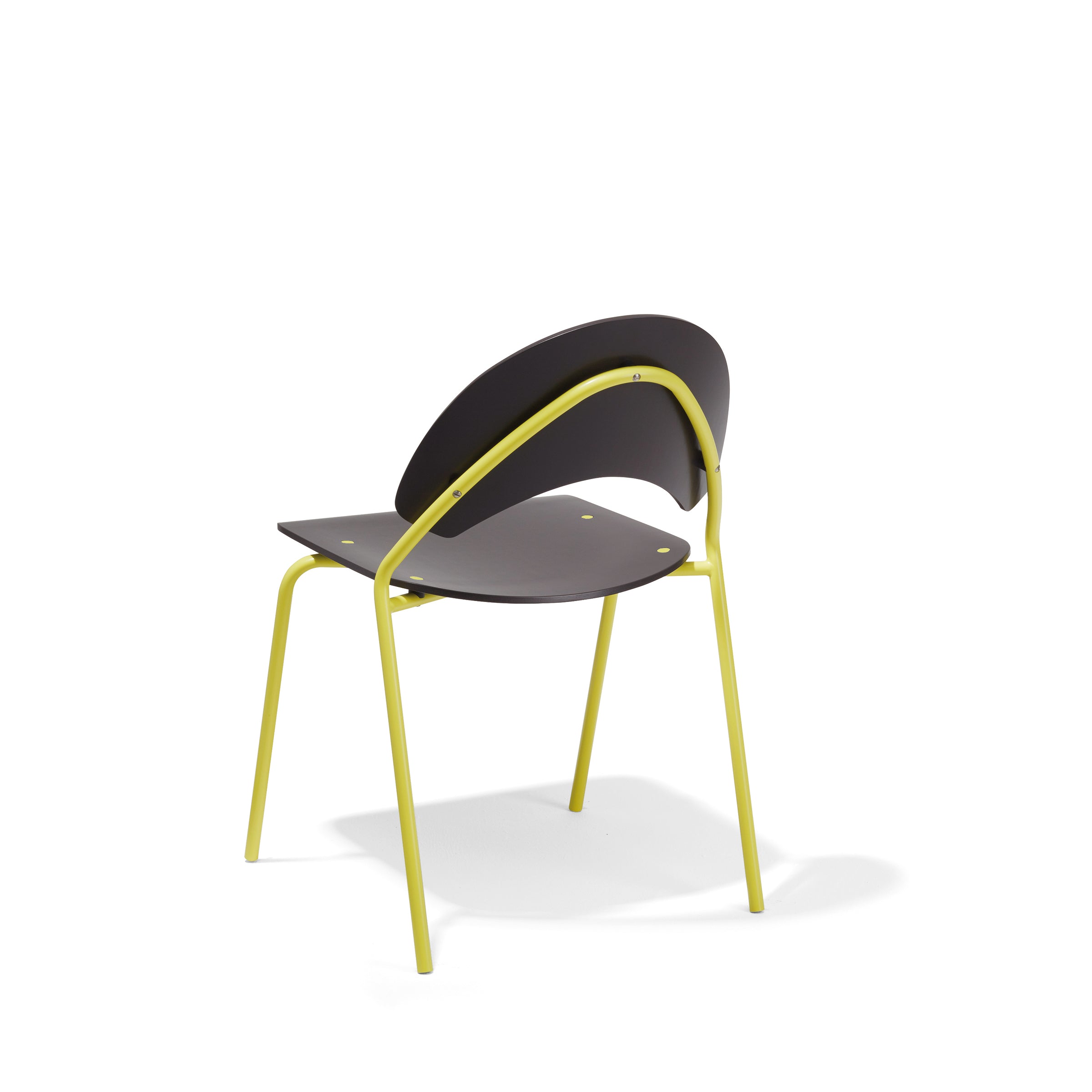 The Frog Chair by Richard Lampert is a modern stackable chair with a dark brown curved seat and backrest, featuring yellow metal legs. It embodies Herbert Hirches minimalistic design, set against a plain white background.