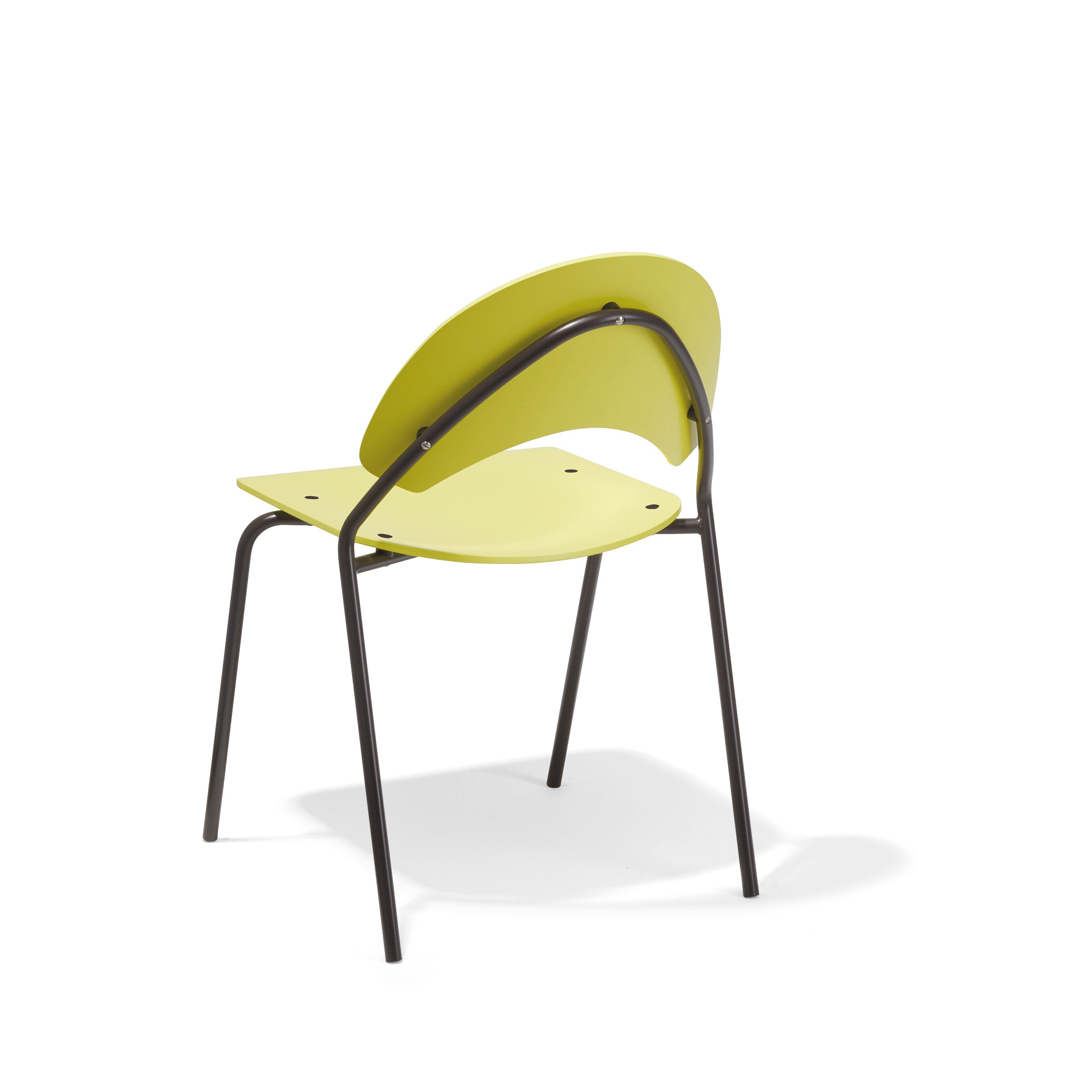 Explore the sophisticated Frog Chair by Richard Lampert, inspired by Herbert Hirche. It boasts a black metal frame with light green curved backrest and seat, offering clean lines and a minimalist design. Stylish on a plain white background and conveniently stackable for any space.