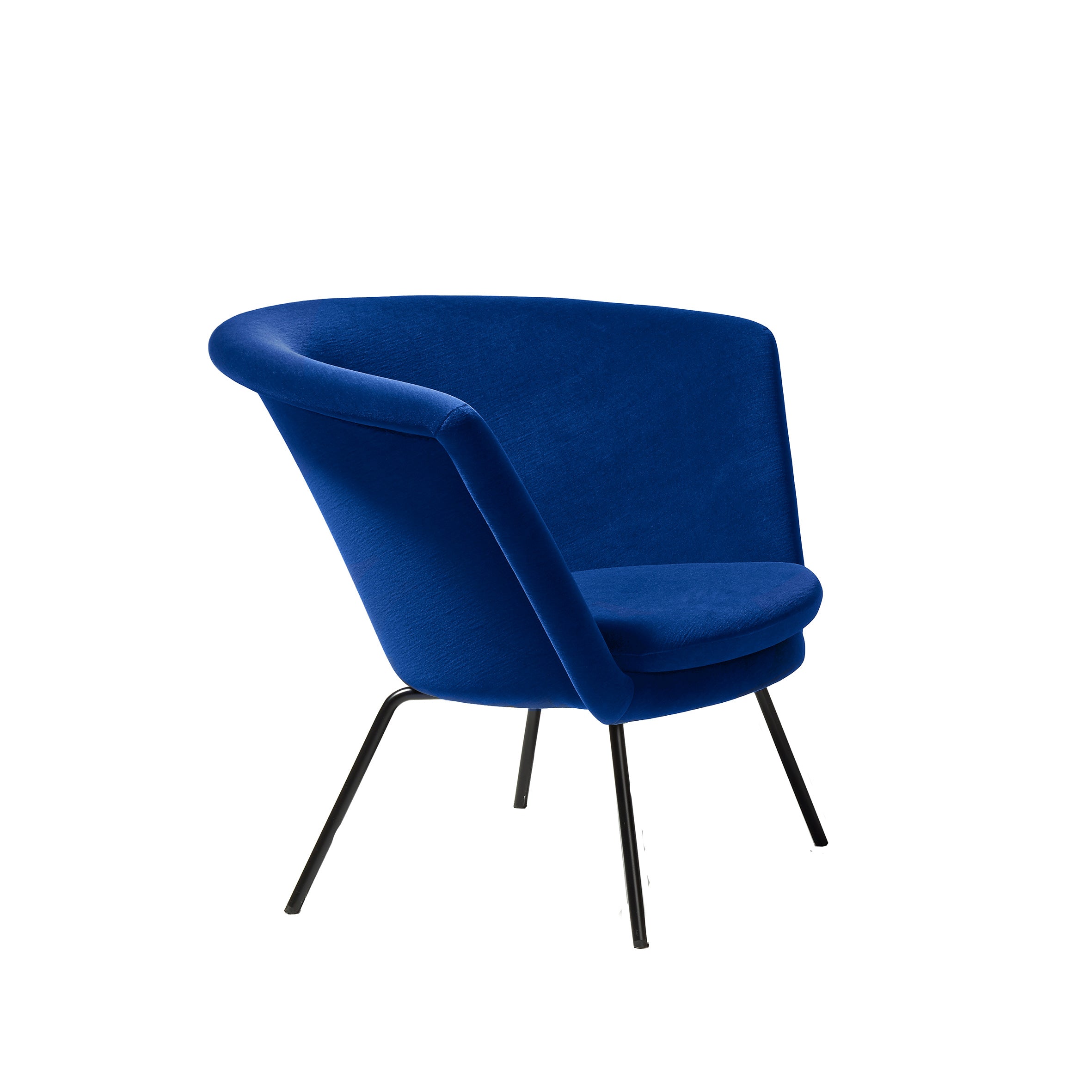The H 57 Lounge Chair by Richard Lampert is a modern blue fabric armchair with a rounded backrest and thin black metal legs, evoking mid-century design, shown from a side angle against a plain white background.
