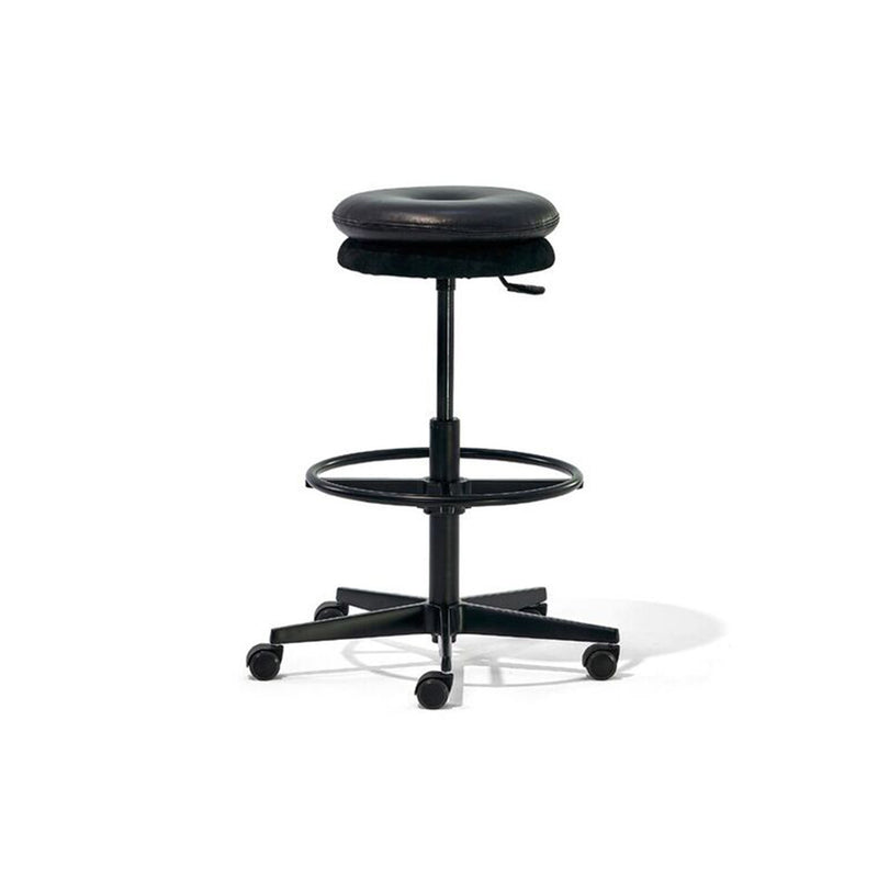 The Richard Lampert Mr. Round High Chair is a black, height-adjustable stool with a round seat and five caster wheels. It includes a circular footrest, a gas spring lever for height adjustment, and has a minimalistic design perfect for saving space in offices or workspaces.