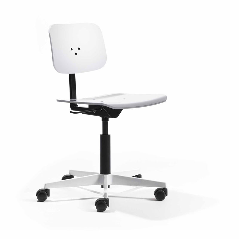 The Mr. Square Task Chair by Richard Lampert is a modern, minimalist white office chair with black accents and gas lift. It offers superior comfort with a perforated backrest and contoured seat, resting on a five-spoke base with wheels for easy height adjustment.