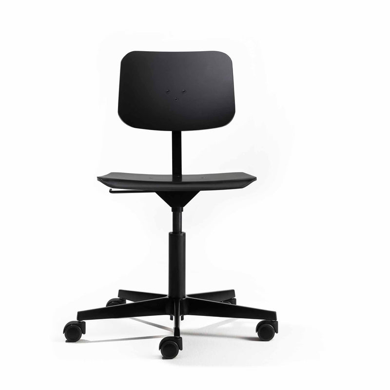 The Mr. Square Task Chair by Richard Lampert is a modern, black designer office chair with a minimalist design. It features adjustable height, a flat seat, square backrest, and five caster wheels for mobility, all set against a plain white background.