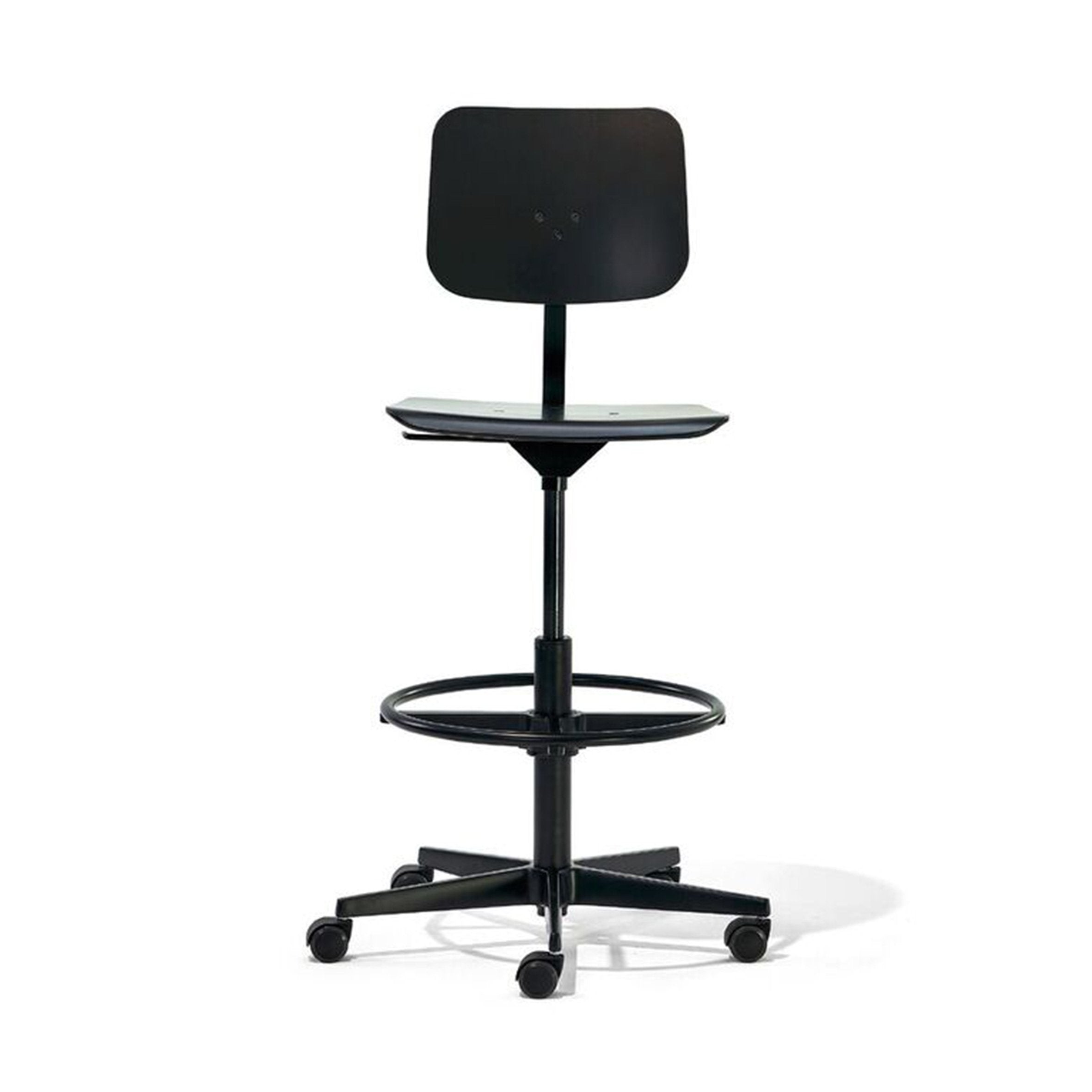 The Mr. Square High Chair by Richard Lampert is a black ergonomic designer chair with a cast aluminum base, adjustable seat and backrest, foot ring, five-wheel mobility, and minimalist design.
