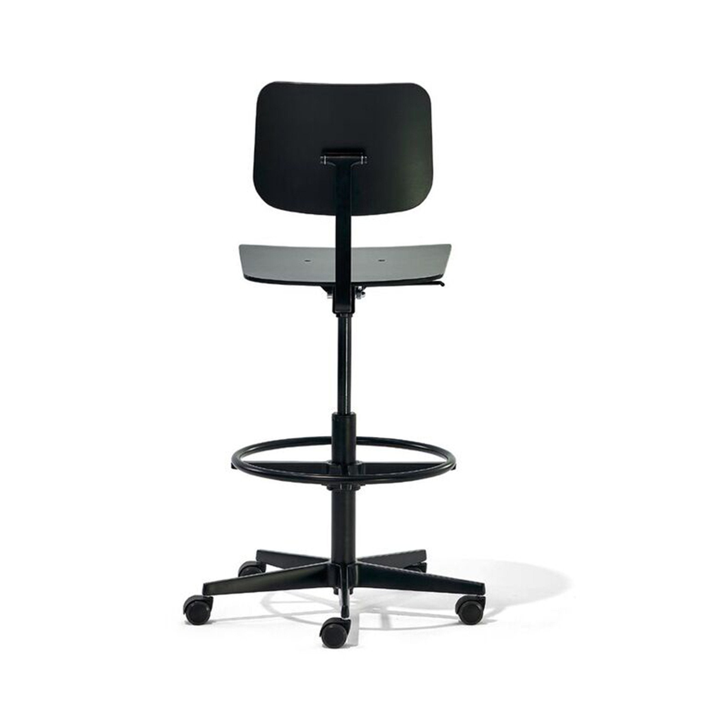 The Richard Lampert Mr. Square High Chair is a stylish black adjustable swivel chair with a flat backrest, cast aluminum foot ring, and five-wheel base. Shown from the back against a white background, it highlights its sleek height adjustment feature.