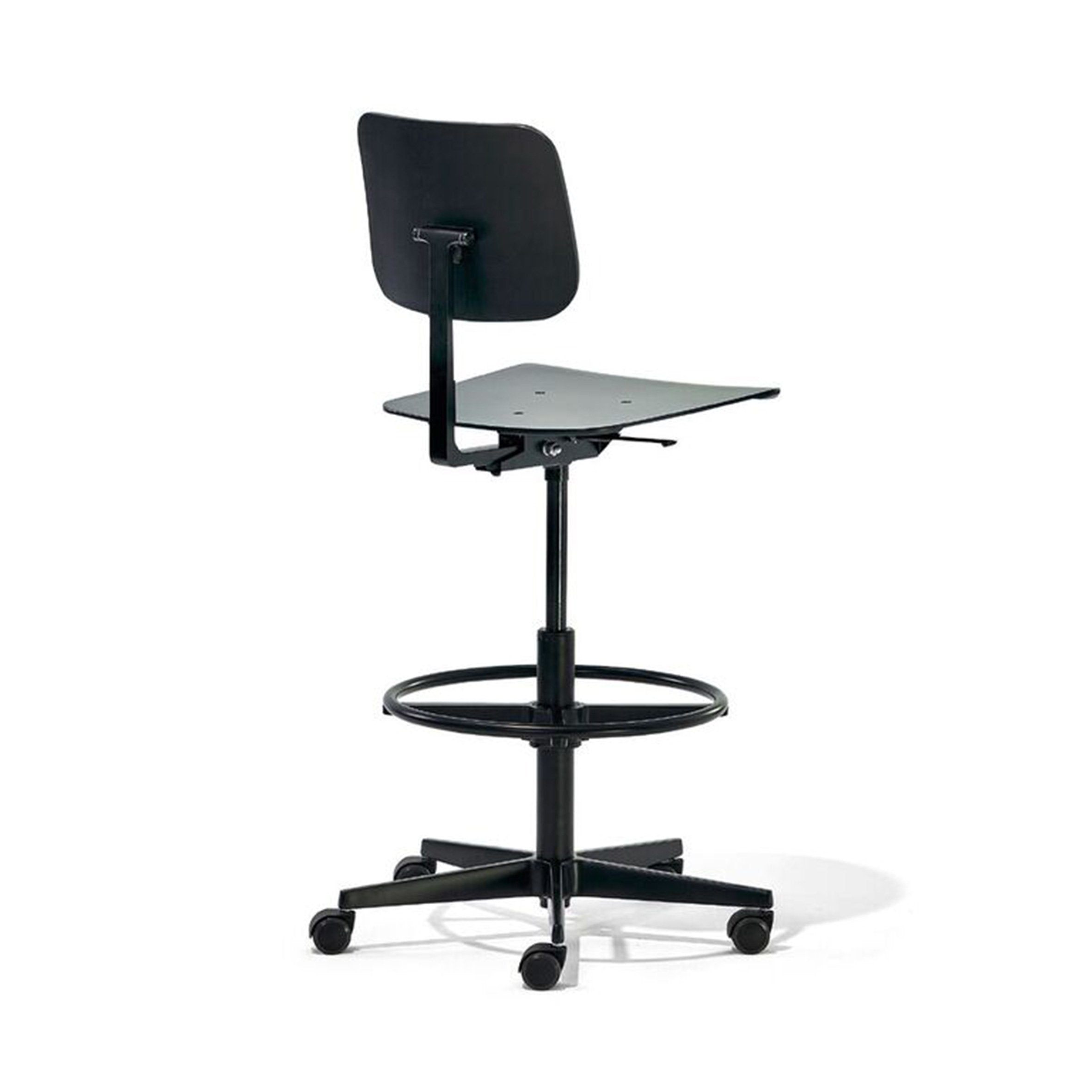 The Mr. Square High Chair by Richard Lampert, in black with a square backrest, provides superior comfort with its height-adjustable seat, footrest ring, and five-wheeled base against a white background.
