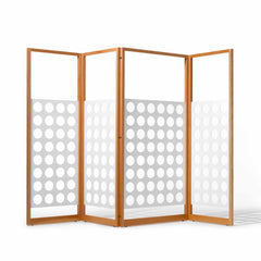 The Eiermann Screen by Richard Lampert is a four-panel wooden room divider with white sections and uniform circular cutouts, offering a modern Bauhaus-inspired geometric design that balances privacy and openness.