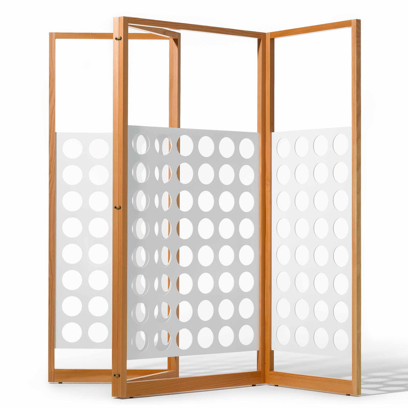 The Eiermann Screen by Richard Lampert is a wooden, three-panel folding screen ideal as a room divider. It features white sections with circular cutouts, merging classic and modern minimalist design with Bauhaus-like geometric flair.