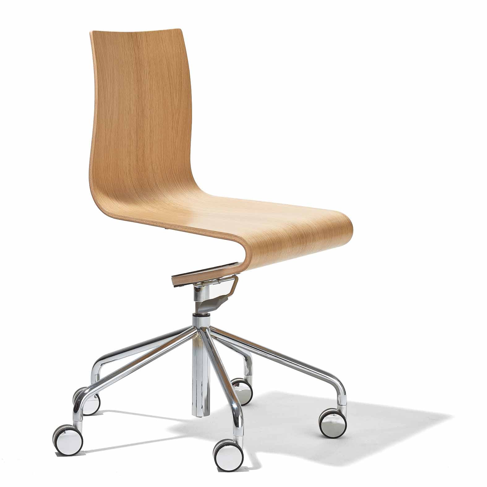 The Seesaw Task Chair by Richard Lampert is a modern, ergonomic design featuring a sleek wooden seat and backrest on a shiny metal base. Its five-legged base with wheels offers mobility, while the minimalist design provides subtle rocking for enhanced comfort.