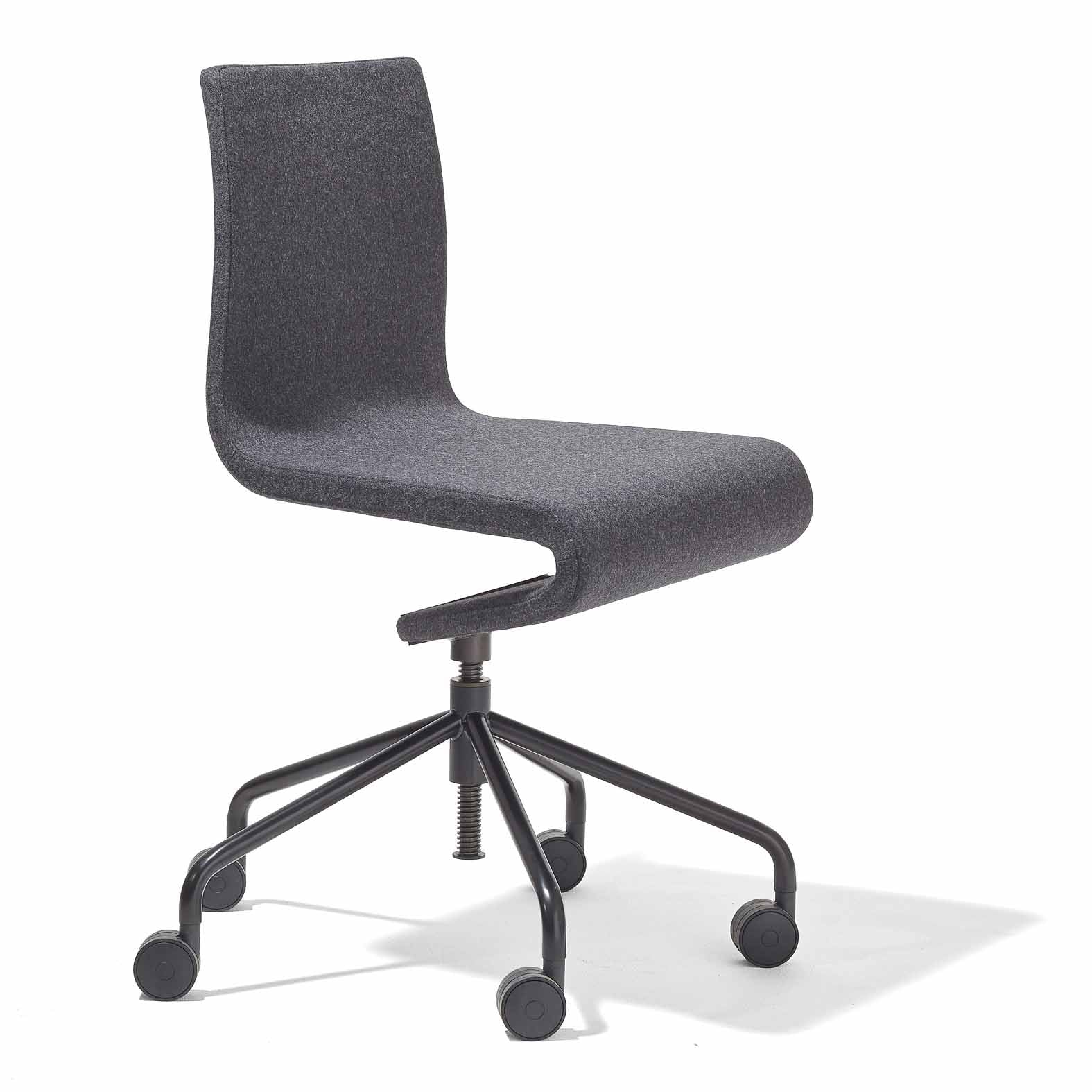 The Seesaw Task Chair by Richard Lampert is a modern, dark gray armless ergonomic office chair. It has a curved backrest and seat with a black adjustable swivel base on five caster wheels, offering subtle rocking motion, set against a plain white background.