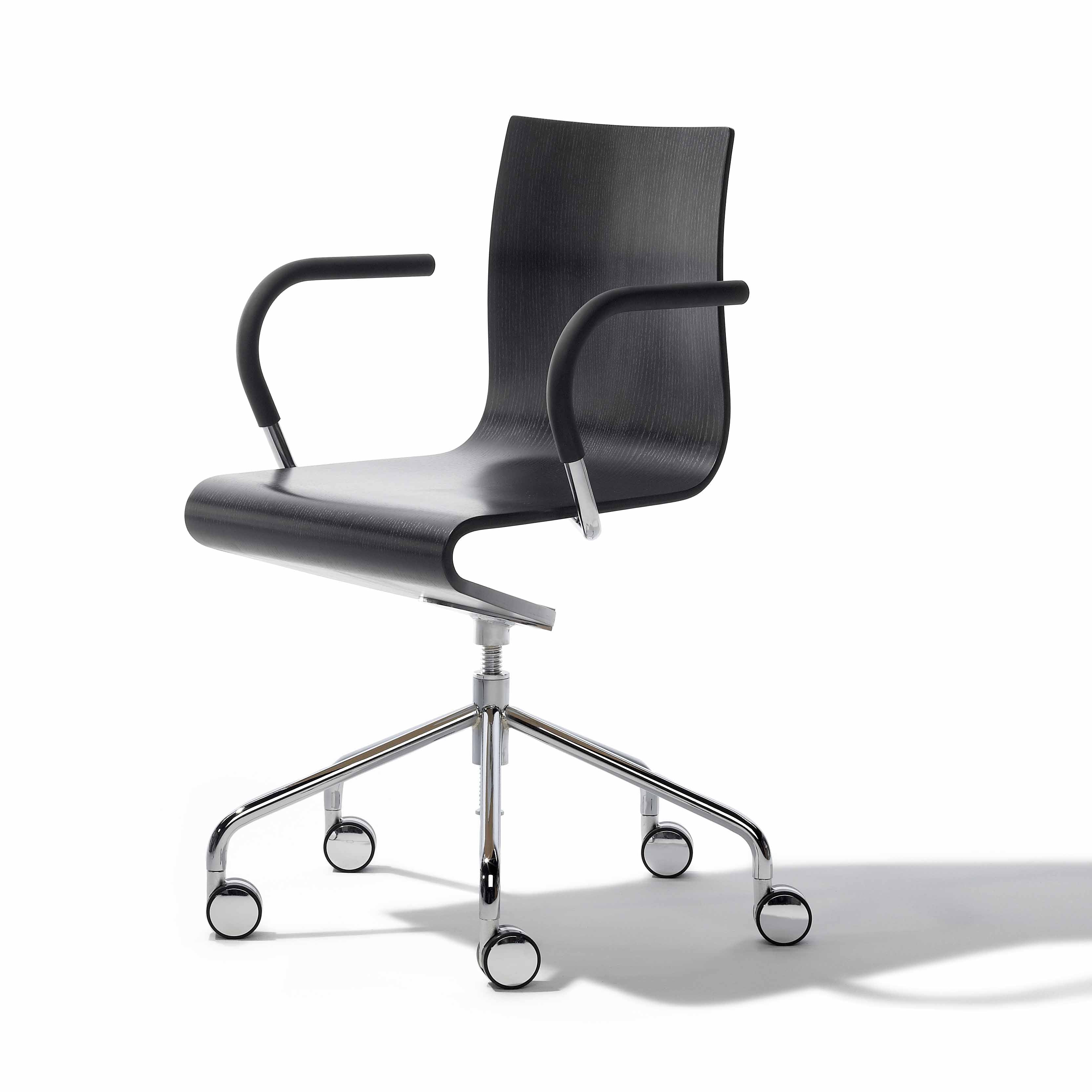 Introducing the Seesaw Task Chair by Richard Lampert: A modern office chair featuring a black curved seat and backrest, armrests, and a chrome five-star base with casters. Enjoy ergonomic comfort with its gentle rocking motion, showcased on a plain white background.
