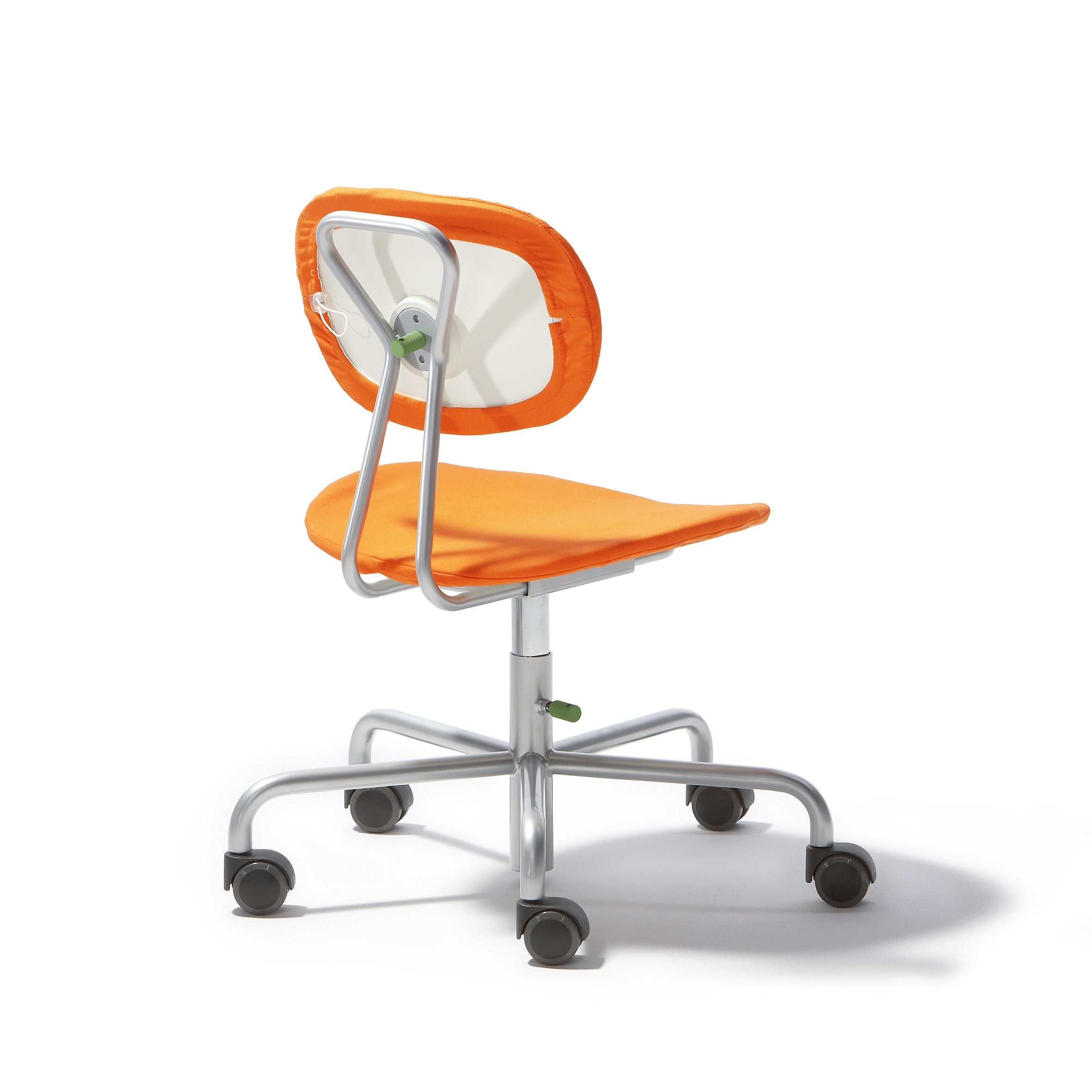 The Turtle Kids Chair by Richard Lampert is an orange office chair with a four-legged wheelbase, cushioned seat, and height-adjustable feature. It has colorful fabric covers on the light-colored backrest with a unique design, supported by a metal frame, viewed from the back.