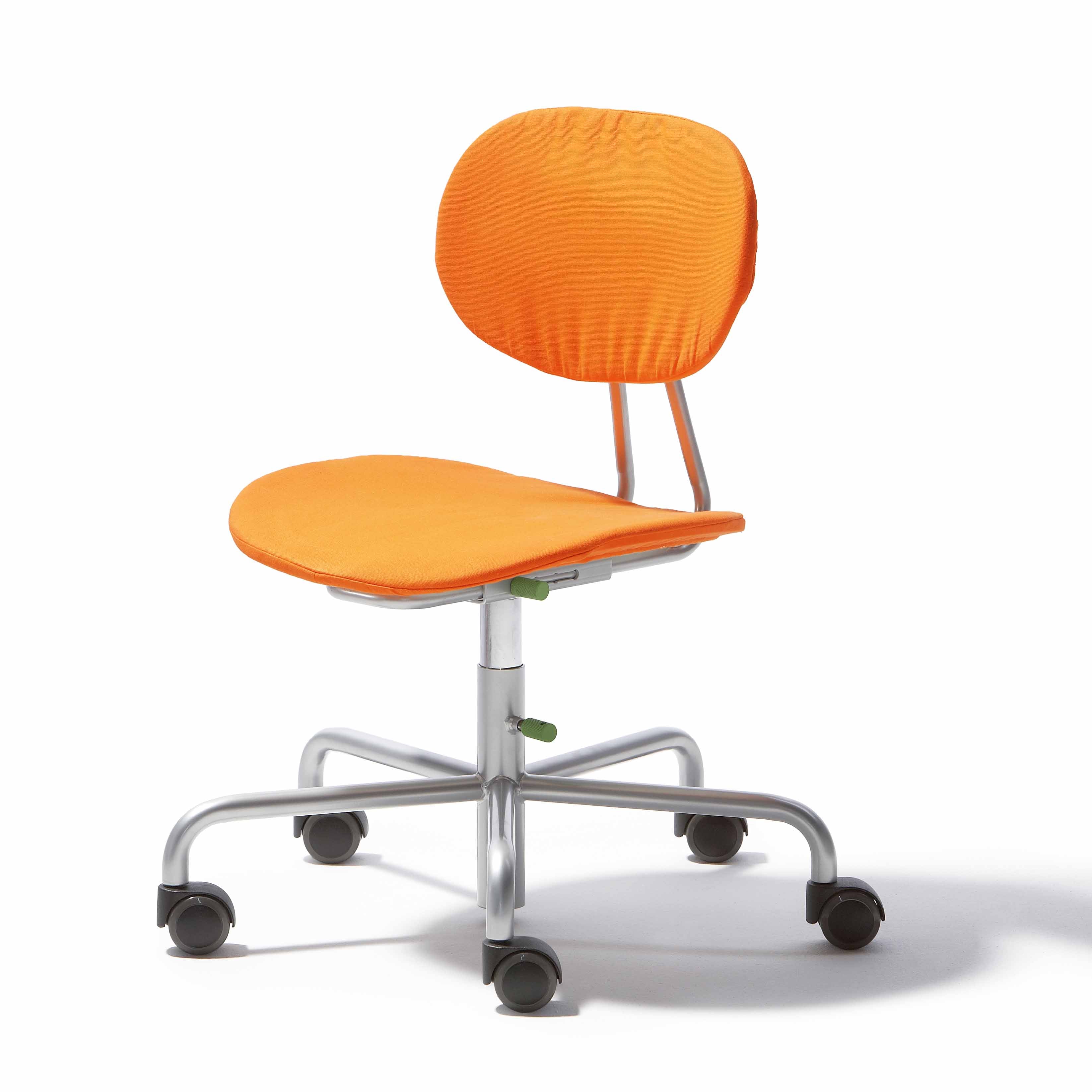 The Turtle Kids Chair by Richard Lampert offers a height-adjustable, cushioned seat and backrest with vibrant fabric covers. It features a metal swivel base and five caster wheels for mobility, all in a simple, modern design.