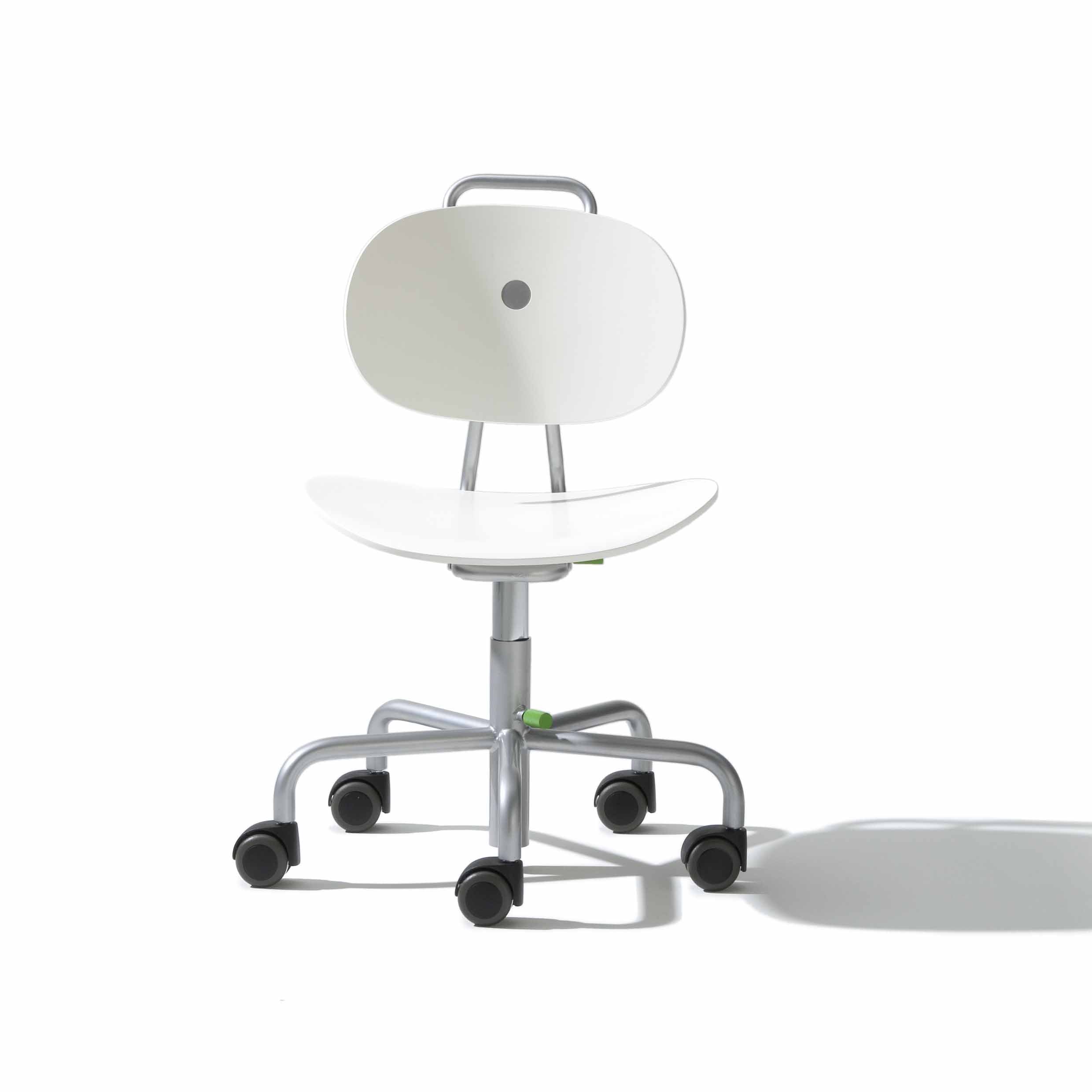 The Turtle Kids Chair by Richard Lampert is a modern white office chair with a round backrest featuring a circular hole, colorful fabric covers, and a curved seat. It sits on a sturdy metal frame with height-adjustable settings and five black caster wheels for easy mobility.