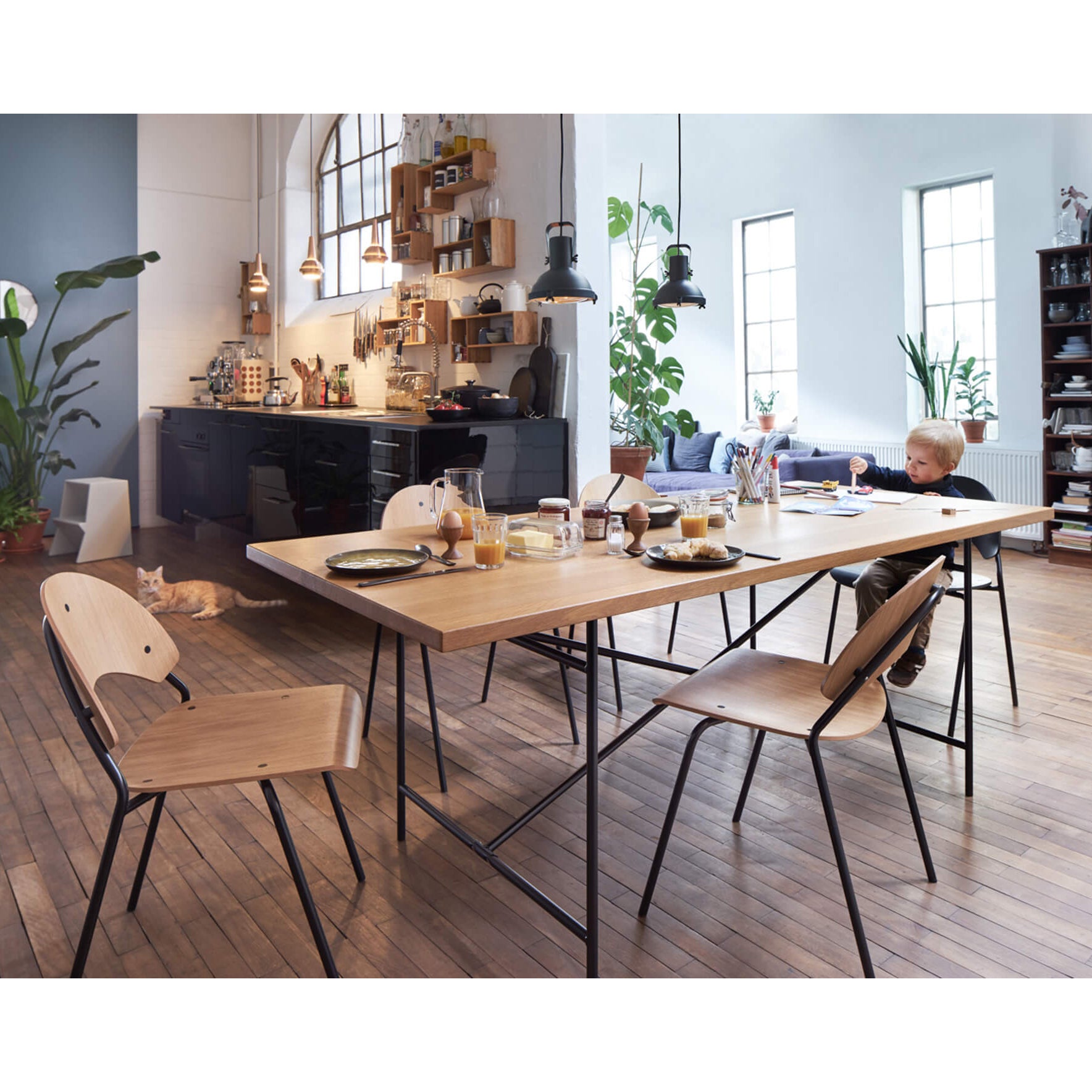 A modern dining area features a light wood Richard Lampert Eiermann 2 Dining Table set with breakfast items and matching ergonomic chairs. A child sits at the table, while the background showcases a kitchen with shelves, plants, and large windows that flood the space with natural light.