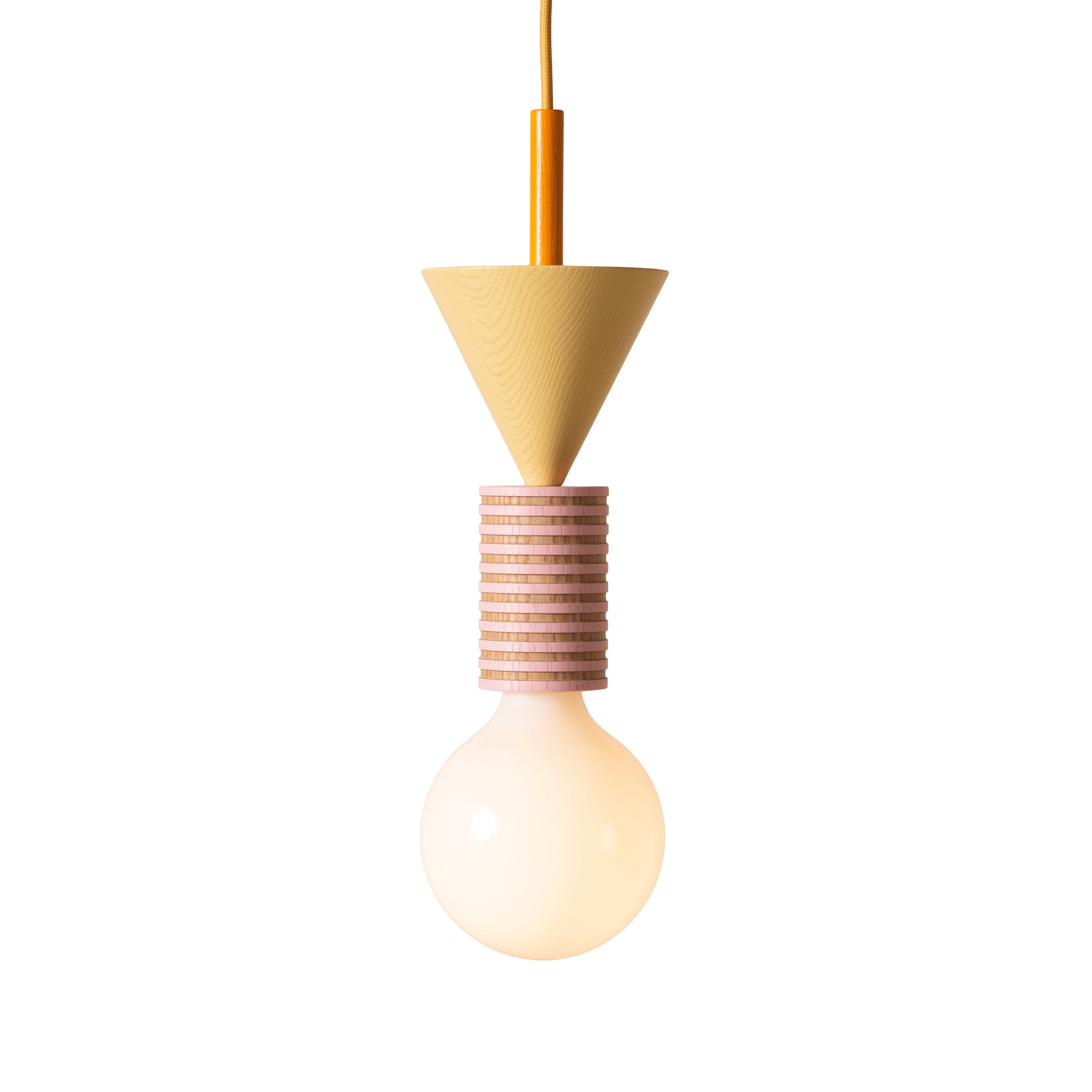The Junit Fruta by Schneid is a modern hanging light with a round bulb and vertically grooved wooden element, evoking Bauhaus lighting. It features a conical top piece suspended by a yellow cord, blending geometric shapes for minimalist ambient light.