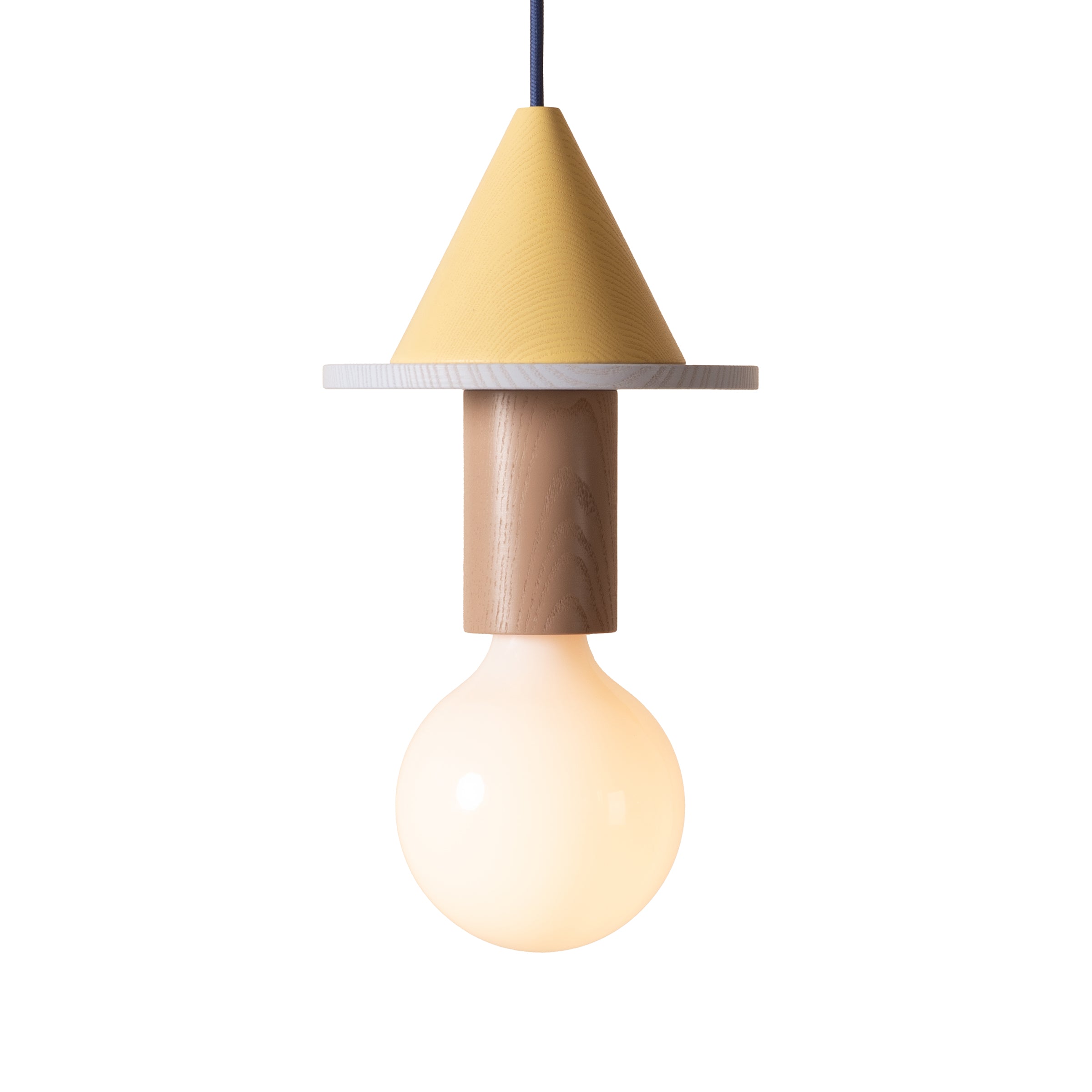 The Junit Meringe by Schneid is a Bauhaus-inspired minimalist pendant light with a glowing round bulb, featuring a cylindrical wooden element and flat disc. It includes a yellow conical shade, resembling a whimsical character design, to enhance any space with ambient light.