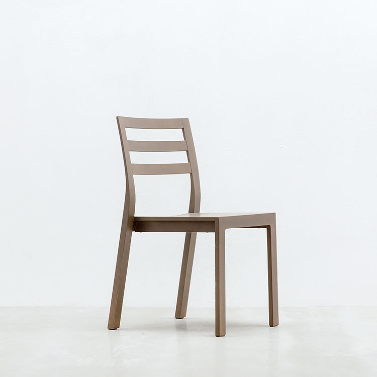 The Hussl ST10 is a modern, minimalist chair with a brown finish, crafted from advanced wood composite. It boasts a sleek design with a straight backrest featuring three horizontal slats and four straight legs, all set against a plain white background.