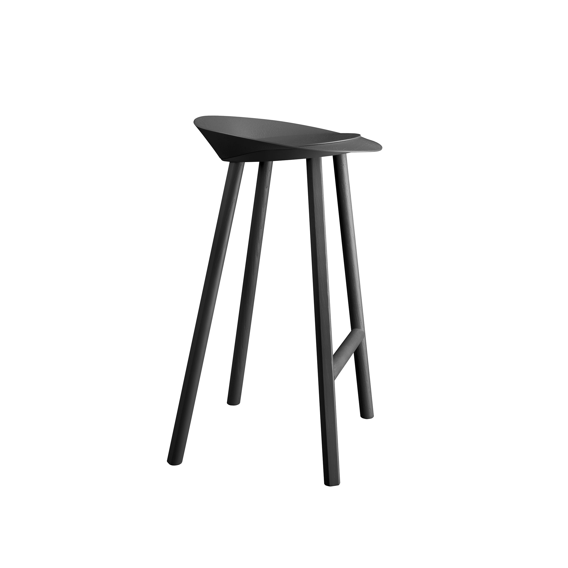 The E15 ST10 JEAN bar stool, crafted in oak veneered plywood, showcases a sleek design with four legs, a curved seat, and a metal footrest against a plain white background.