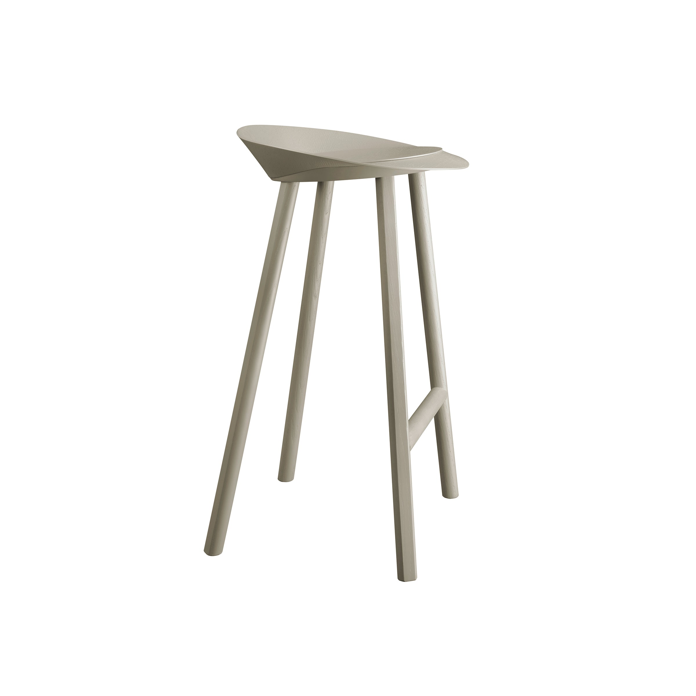 The ST10 JEAN by E15 is a minimalist light gray bar stool featuring a triangular oak veneered plywood seat with three tapered legs. The front legs are angled outward, connected by a horizontal support near the base, offering a sleek and contemporary design perfect for modern settings.