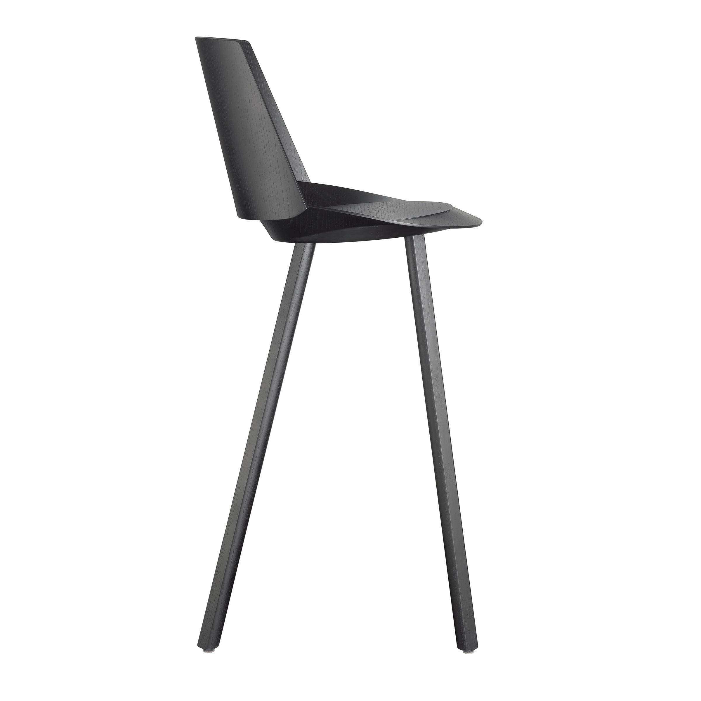 Side view of the modern black ST10 JEAN With Backrest by E15 featuring a minimalist design. The ergonomic seat offers comfort with a slight backrest, supported by two sleek angled legs, enhancing a contemporary bar-dining experience.