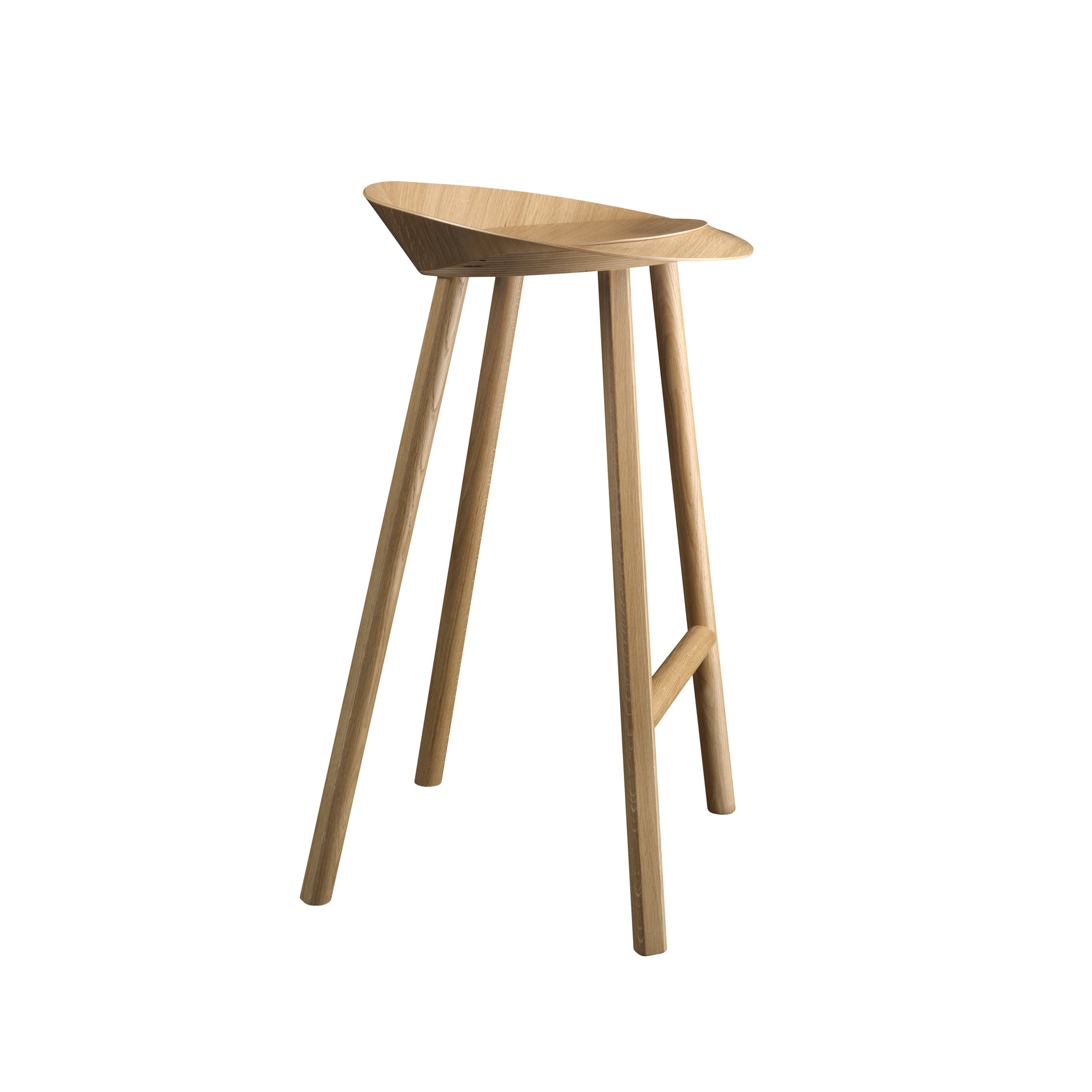 A stylish E15 ST10 JEAN wooden bar stool with a minimalist design, featuring a curved oak veneered plywood seat and three light wood legs, set against a plain white background.