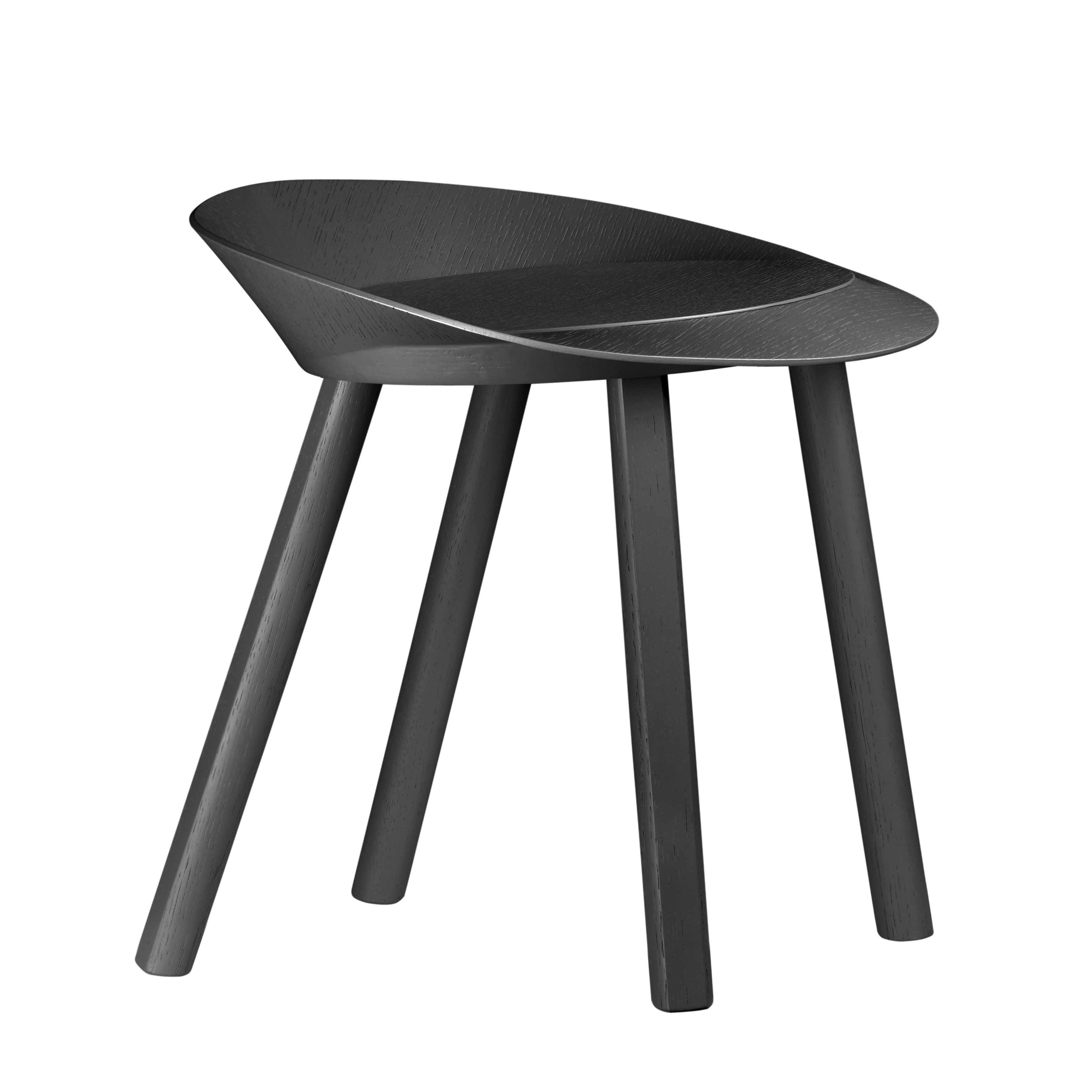 Introducing the ST13 MR. COLLINS stool by E15, a modern masterpiece featuring a black, curved seat for ergonomic comfort atop four straight legs, set against a pristine white background. This design flawlessly blends contemporary style with minimalist elegance.