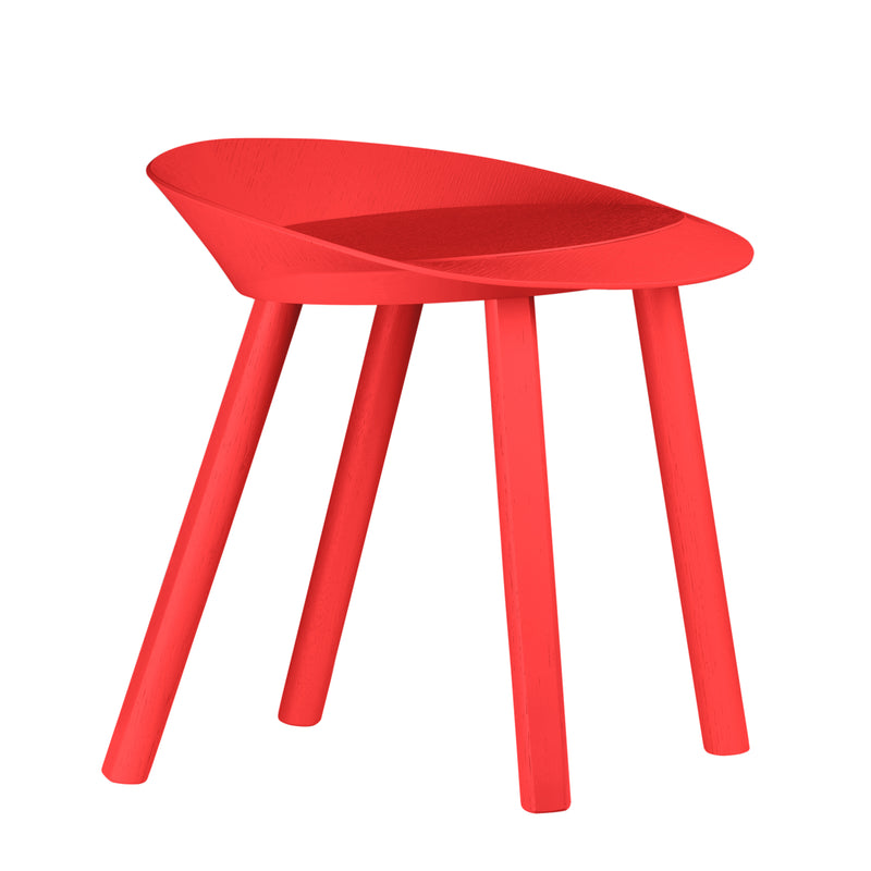 The ST13 MR. COLLINS by E15 is a modern, red wooden stool with an oval seat and four legs. Its minimalist design features a slightly concave seating area for ergonomic comfort, crafted using couture construction methods for exceptional quality and durability.