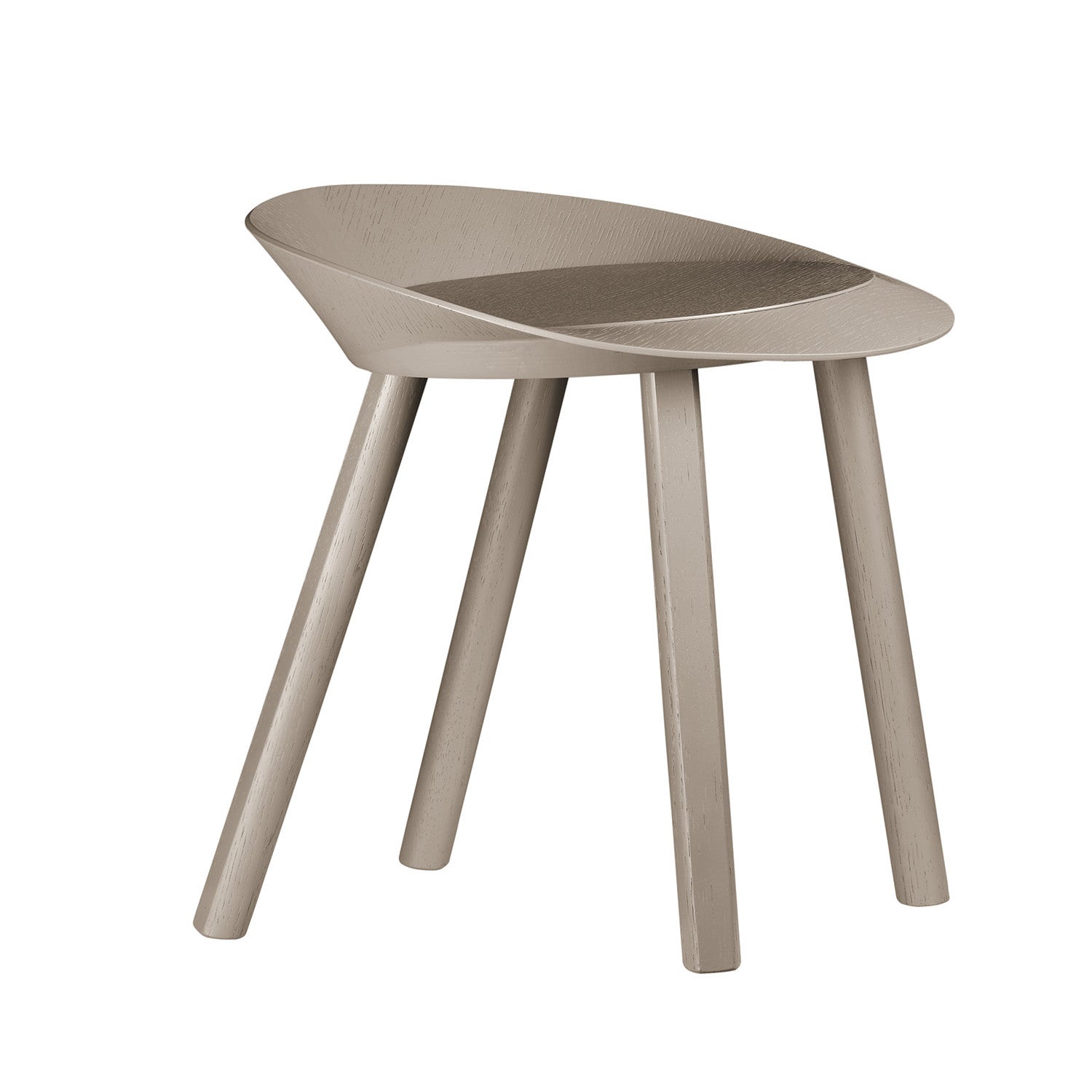 The E15 ST13 MR. COLLINS is a modern, light beige wooden stool with a smooth, rounded seat and four angled legs crafted using couture construction methods. Its minimalist, ergonomic design suits various interior styles and discerning tastes.