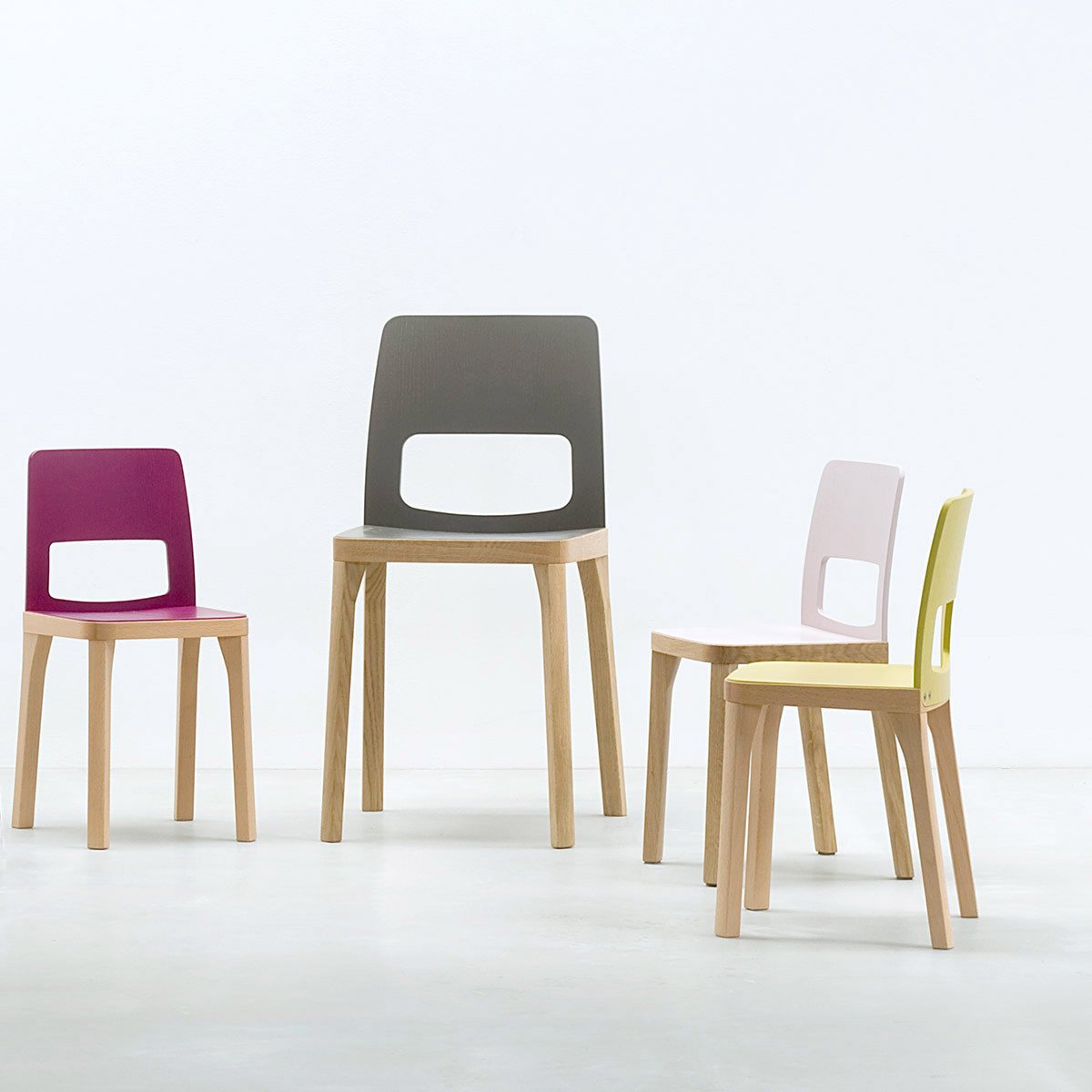 Four ST6N-2 junior chairs by Hussl, featuring light wooden legs and minimalist design, are placed in a white room. Each chair has a distinct backrest color—dark gray, maroon, light pink, and pale yellow—with a rectangular cutout reminiscent of Austrian coffee house style.