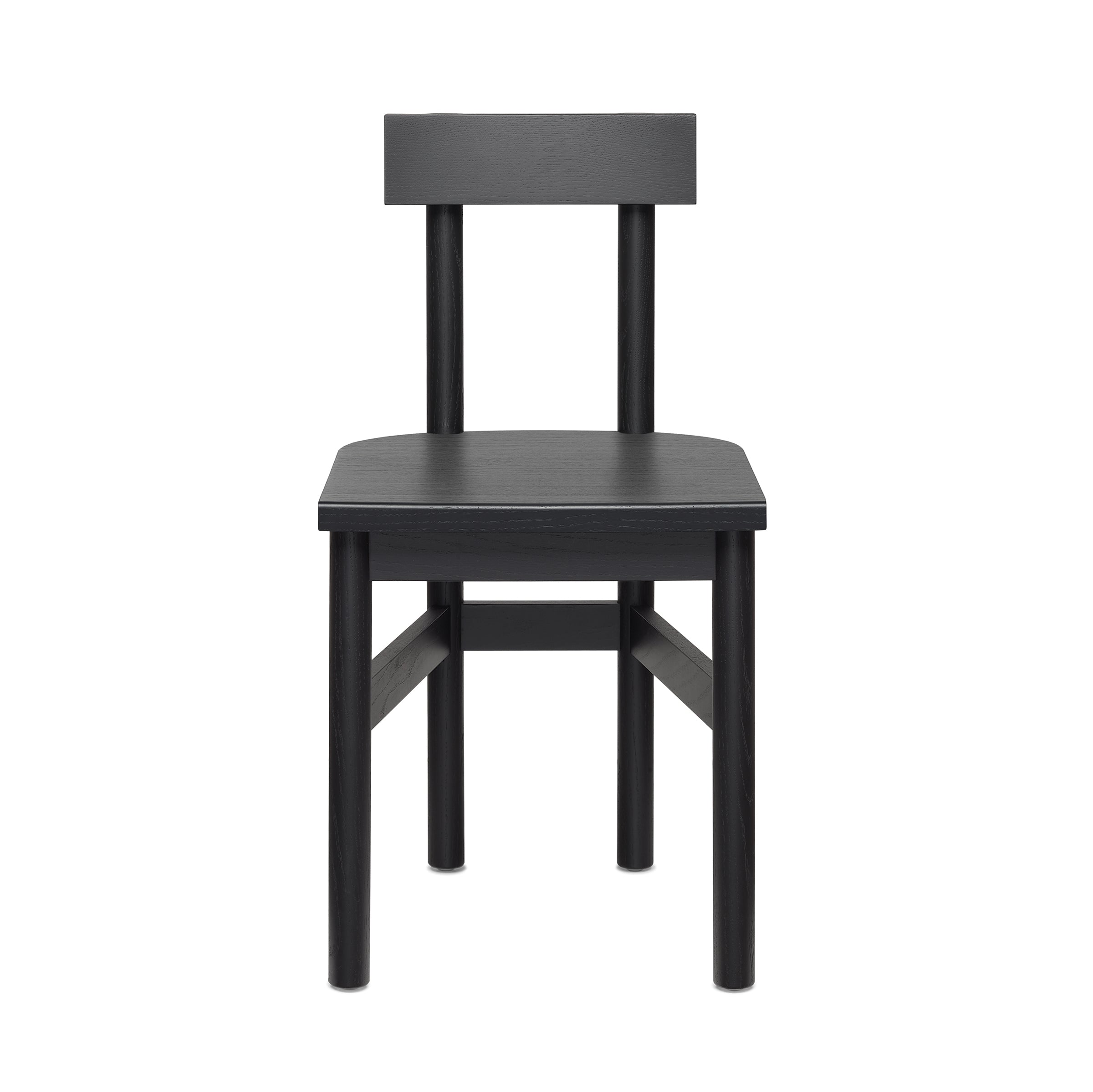 The SX01 GAMAR Chair by E15 is a simple black wooden chair with a straight backrest and four round legs, photographed against a white background.