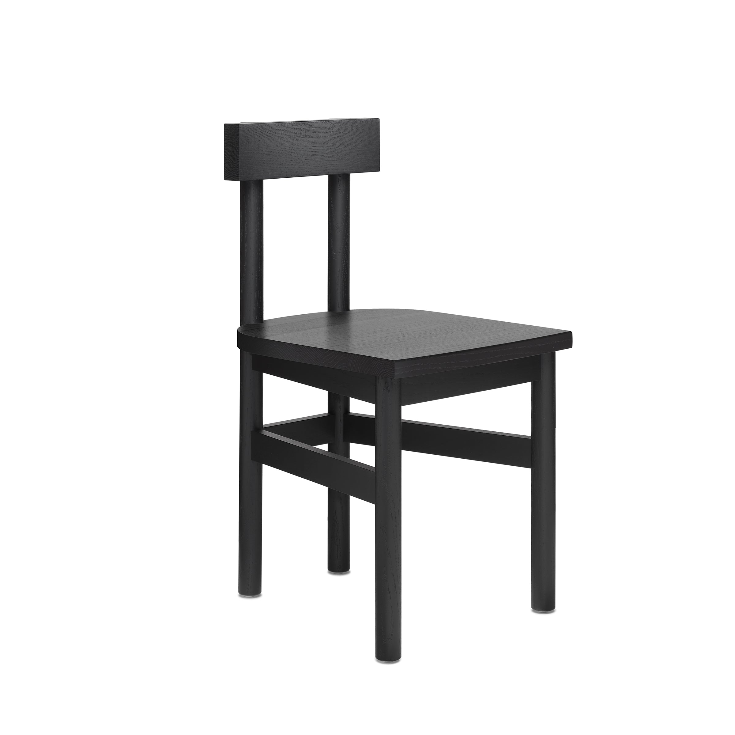 The SX01 GAMAR Chair by E15 is a simple, modern black chair featuring a flat square seat, straight backrest, and four cylindrical legs. Made of European oak, its minimalist design emphasizes clean lines and sturdy appearance.