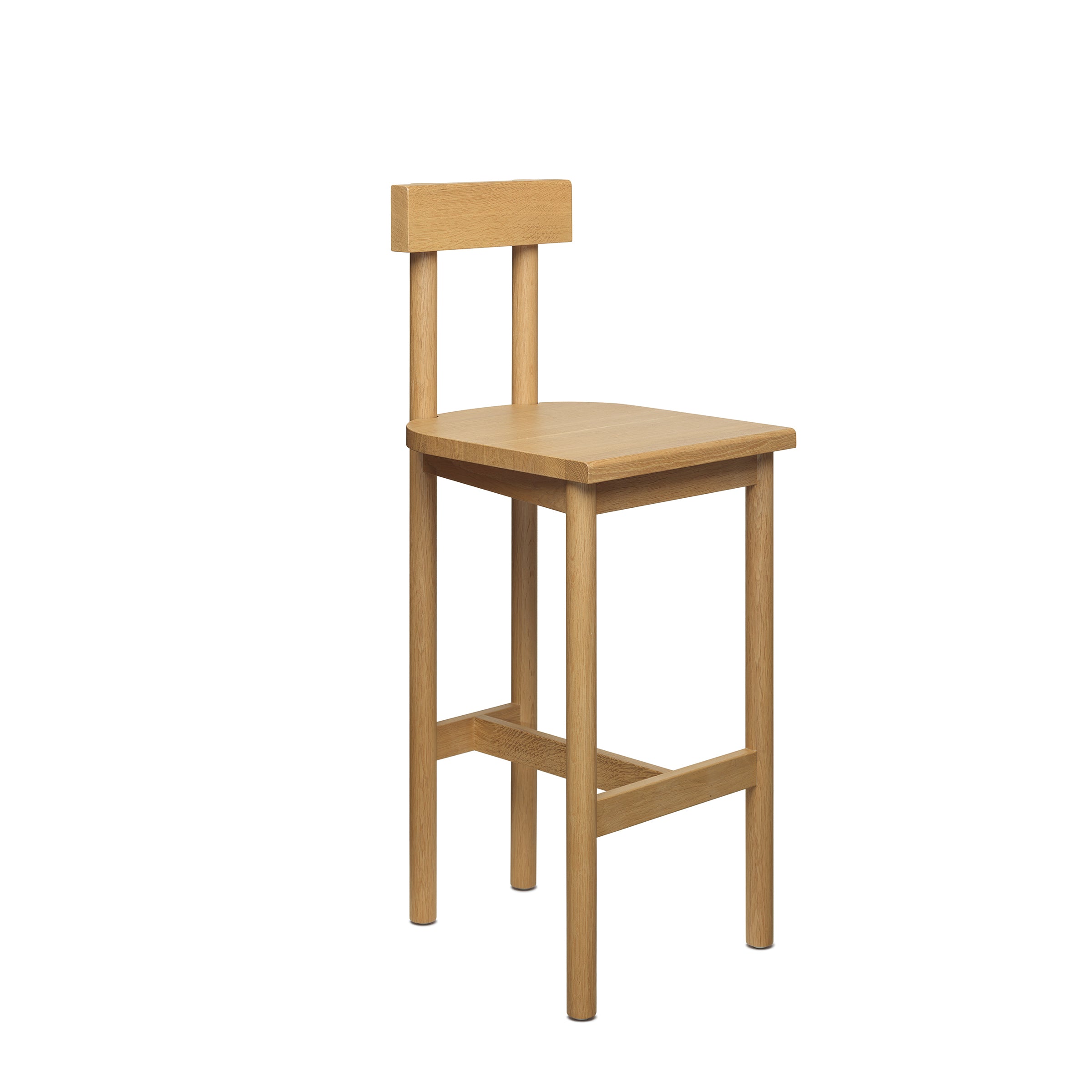 The SX02 GAMAR BARSTOOL by E15 is a minimalistic wooden chair featuring a flat seat, straight legs, and a rectangular backrest. Crafted from European oak with a light wood finish, its perfect for modern spaces.