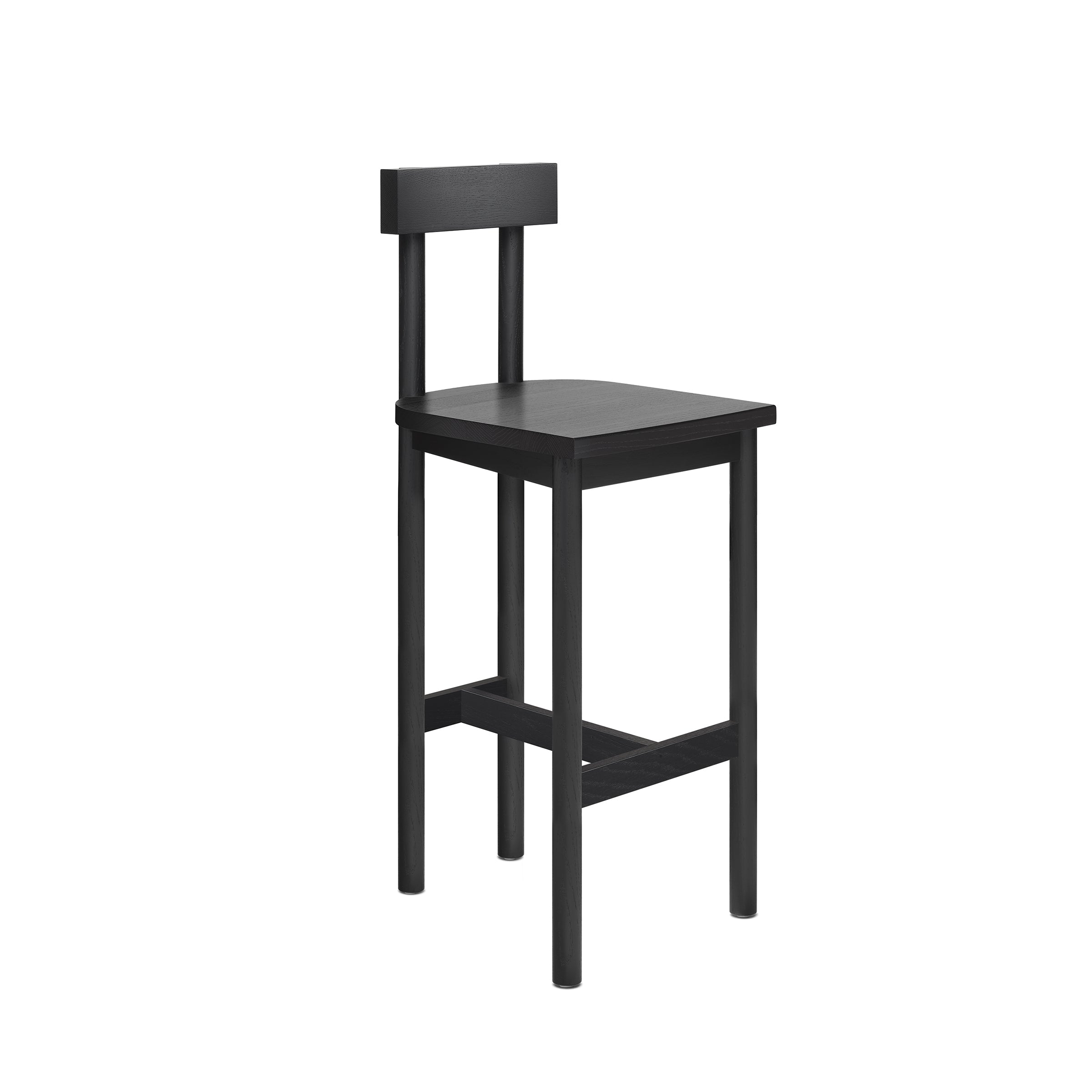 The SX02 GAMAR BARSTOOL by E15 is a simple black wooden chair crafted from European oak, featuring a flat seat, minimal backrest, and four straight legs. Part of the GAMAR collection, it offers straightforward functionality suitable for various settings.