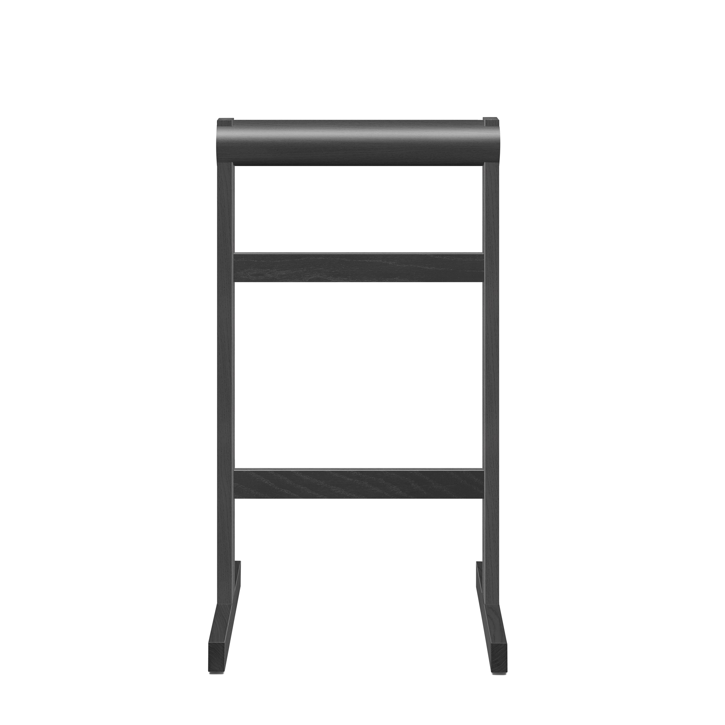 Front view of the E15 SX03 GAMAR Wardrobe Stand in black wood, featuring three horizontal bars and a sturdy base, set against a plain white background.