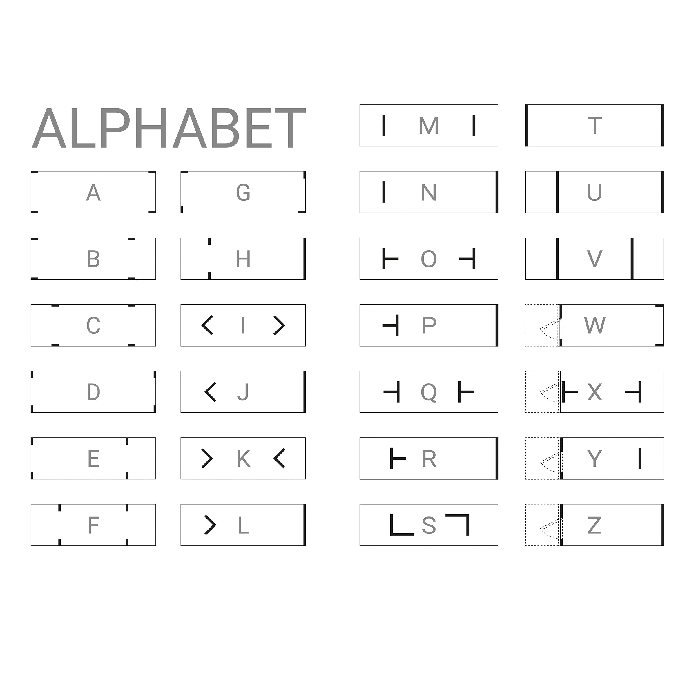 The Alphabet Table by Sanktjohanser showcases a grid of artistically crafted letters, each with geometric lines in rectangular boxes. Enjoy 26 unique leg designs and a variety of solid wood finishes for the perfect mix of style and function.