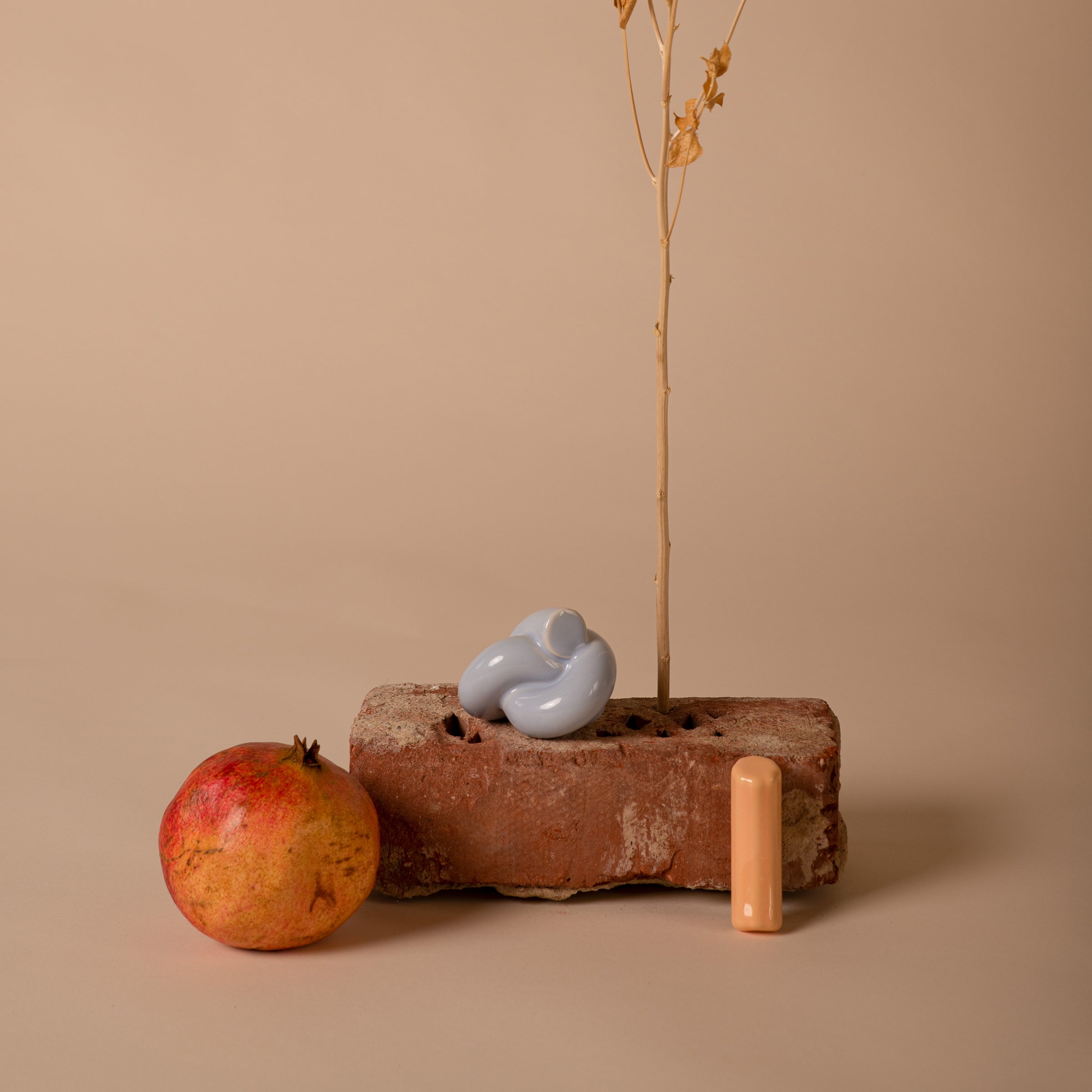 The still life composition includes a brick with a dry plant sprouting from it, a pomegranate, Schneids Fossil Hooks as an orange cylindrical object, and an abstract sculpture with colorful glazes against a plain beige background.