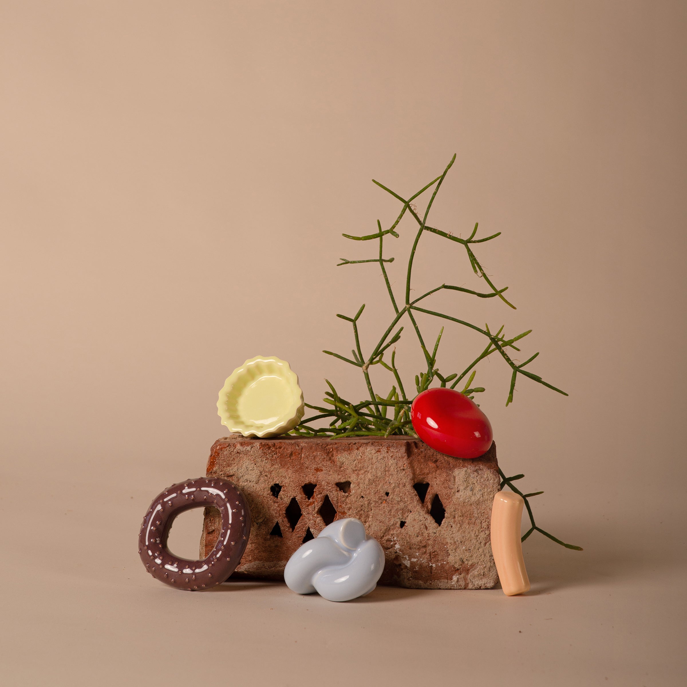 The Fossil Hooks by Schneid feature a decorative design with a green plant emerging from a brick, surrounded by colorful abstract shapes like a donut, blue knot, and yellow dish with vibrant glazes. A red oval provides contrast against the beige backdrop.