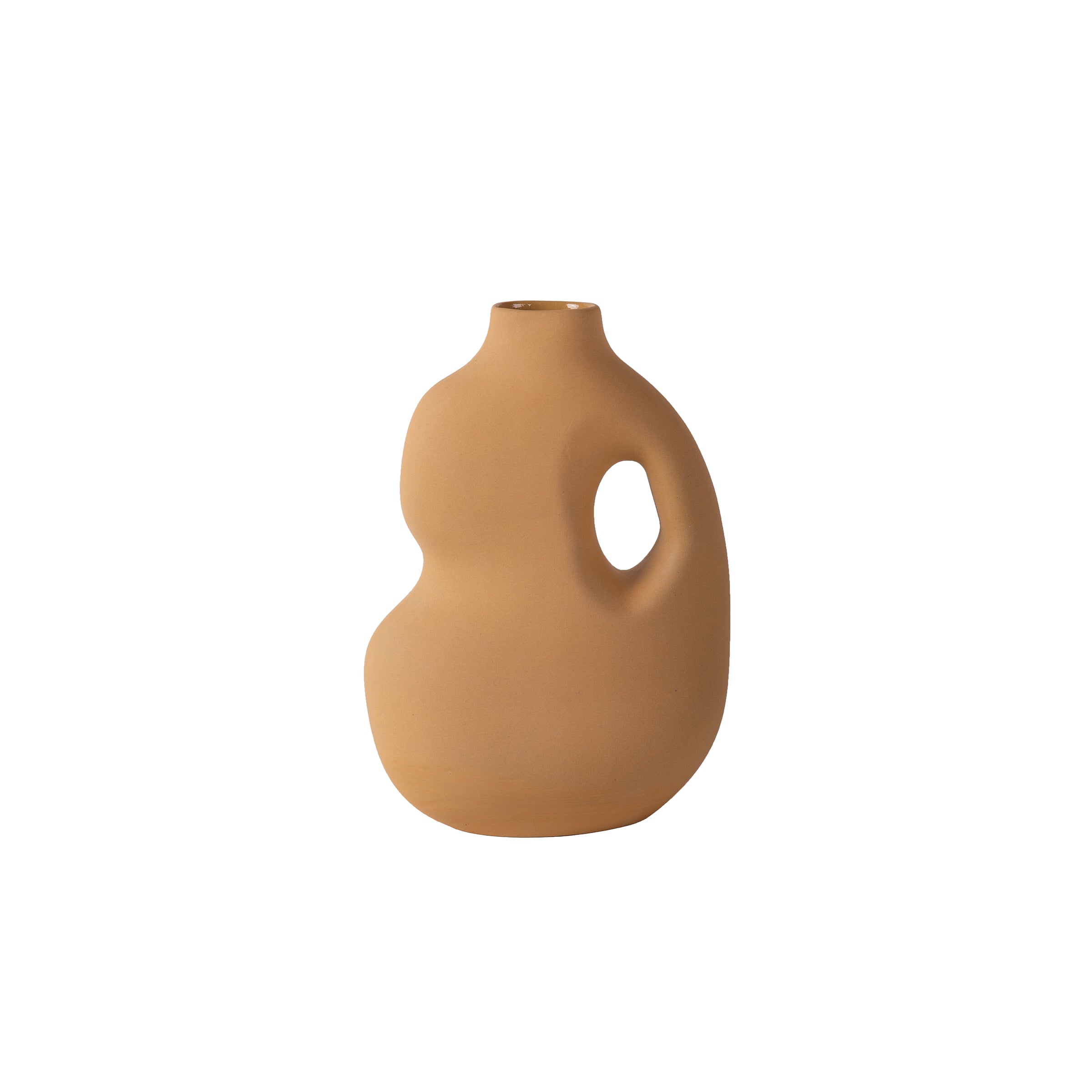The Aura II by Schneid is a modern, smooth stoneware vase with an abstract terracotta shape and matte finish. It features an organic, curvy form with a small handle-like opening on one side, set against a plain white background.