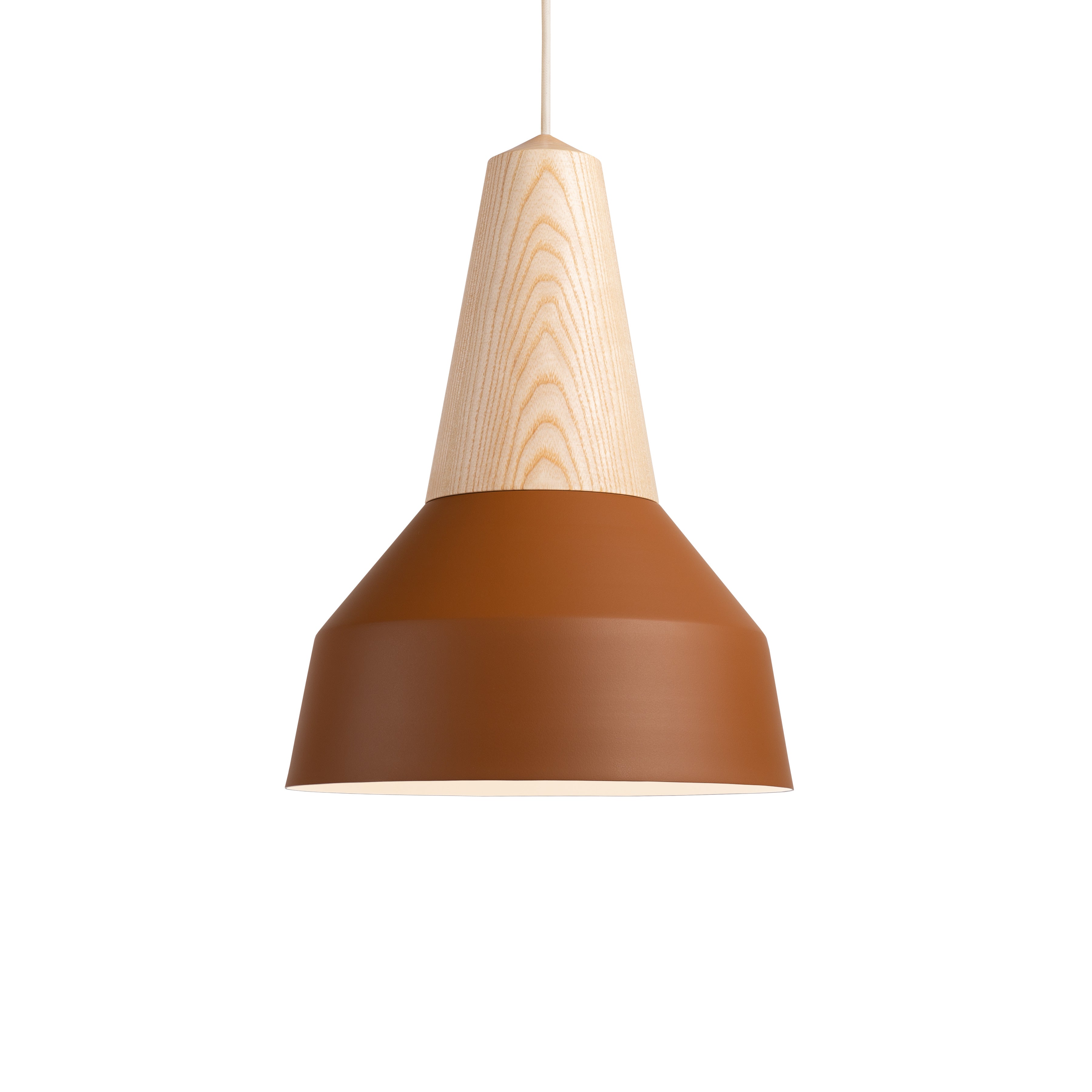 The Eikon Basic Amber by Schneid showcases a pendant light with a wooden conical top, crafted from certified wood, and a broad, smooth metallic brown shade. It elegantly hangs from a white cord against a simple white background.