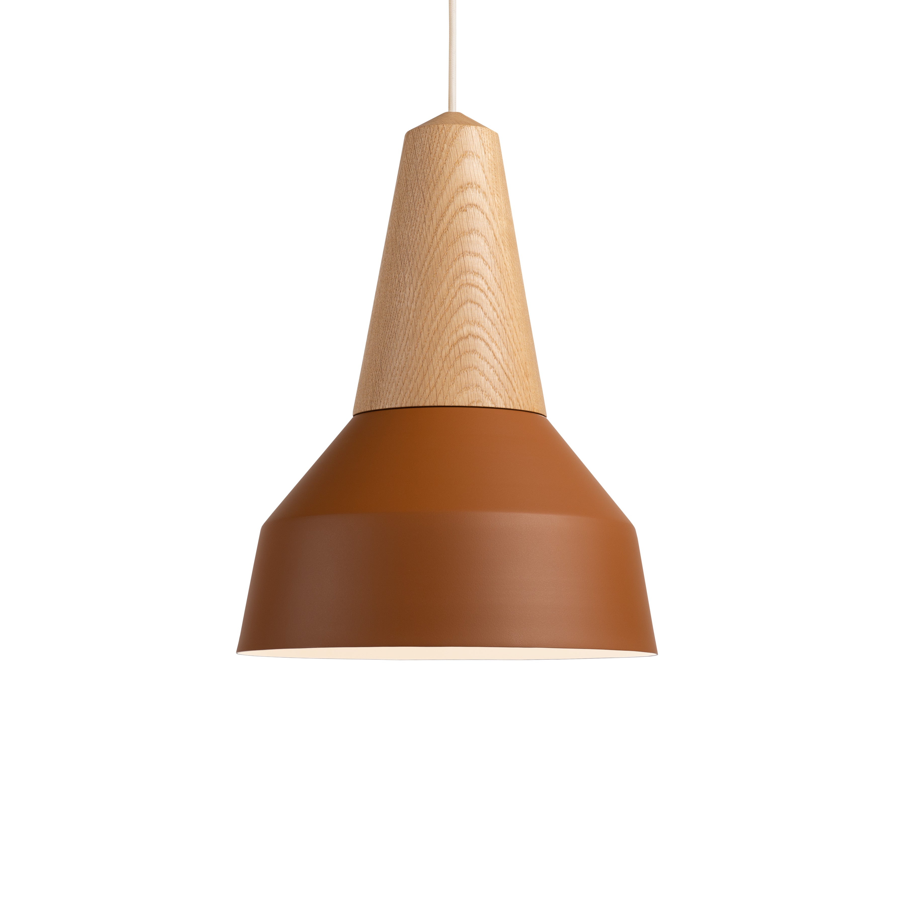 The Eikon Basic Amber by Schneid is a modern pendant light featuring a conical, certified wood top and wide matte brown metal shade. Its sleek design and magnetic connecting system allow it to hang elegantly against a plain white background.
