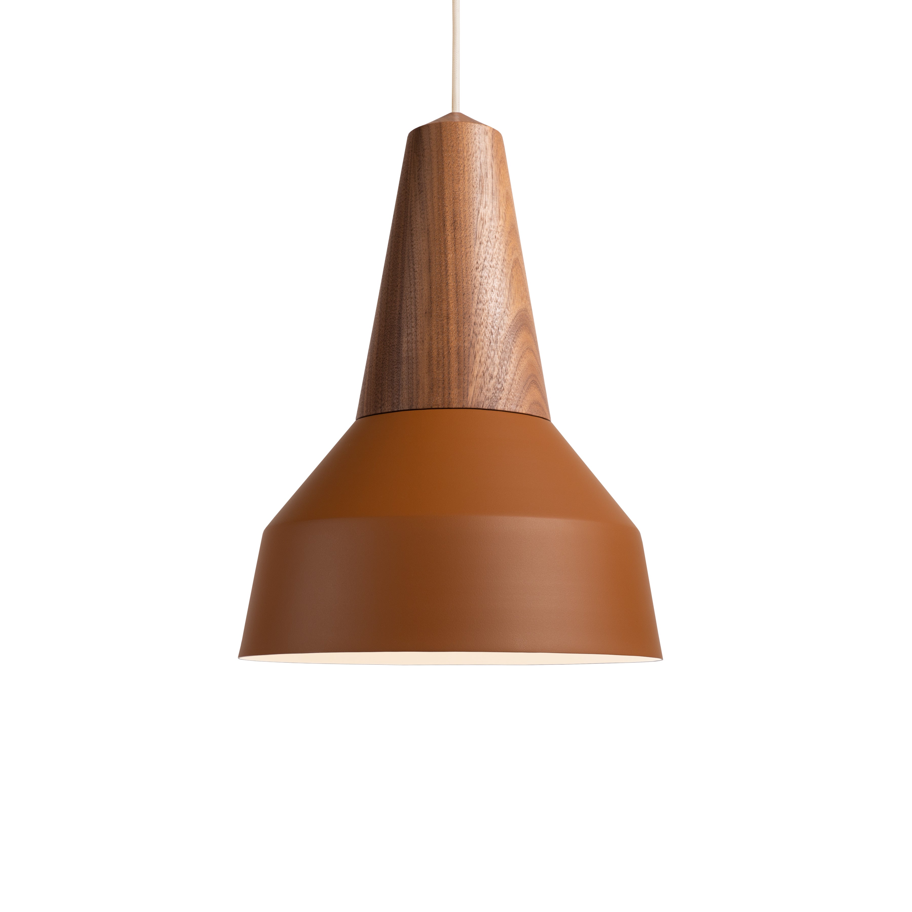 The Eikon Basic Amber by Schneid is a modern pendant light with a conical design, featuring a brown certified wood top and matte orange metal shade, set against a white background.