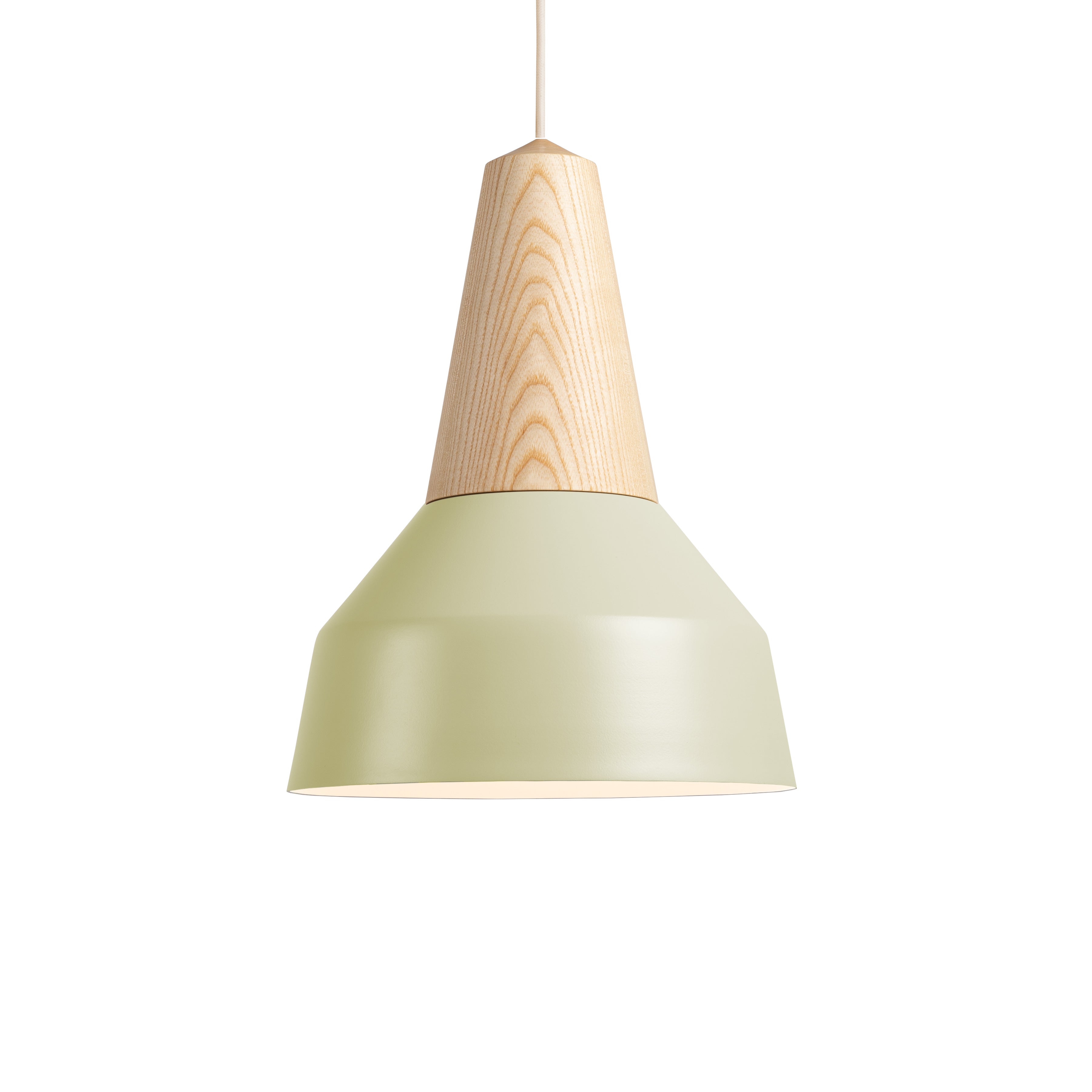 Introducing Eikon Basic Pistache by Schneid, a sleek modern pendant lamp with a magnetic system, featuring a two-tone design: a certified wooden conical top and pastel green metal shade, elegantly hung by a thin cord against a plain white background.