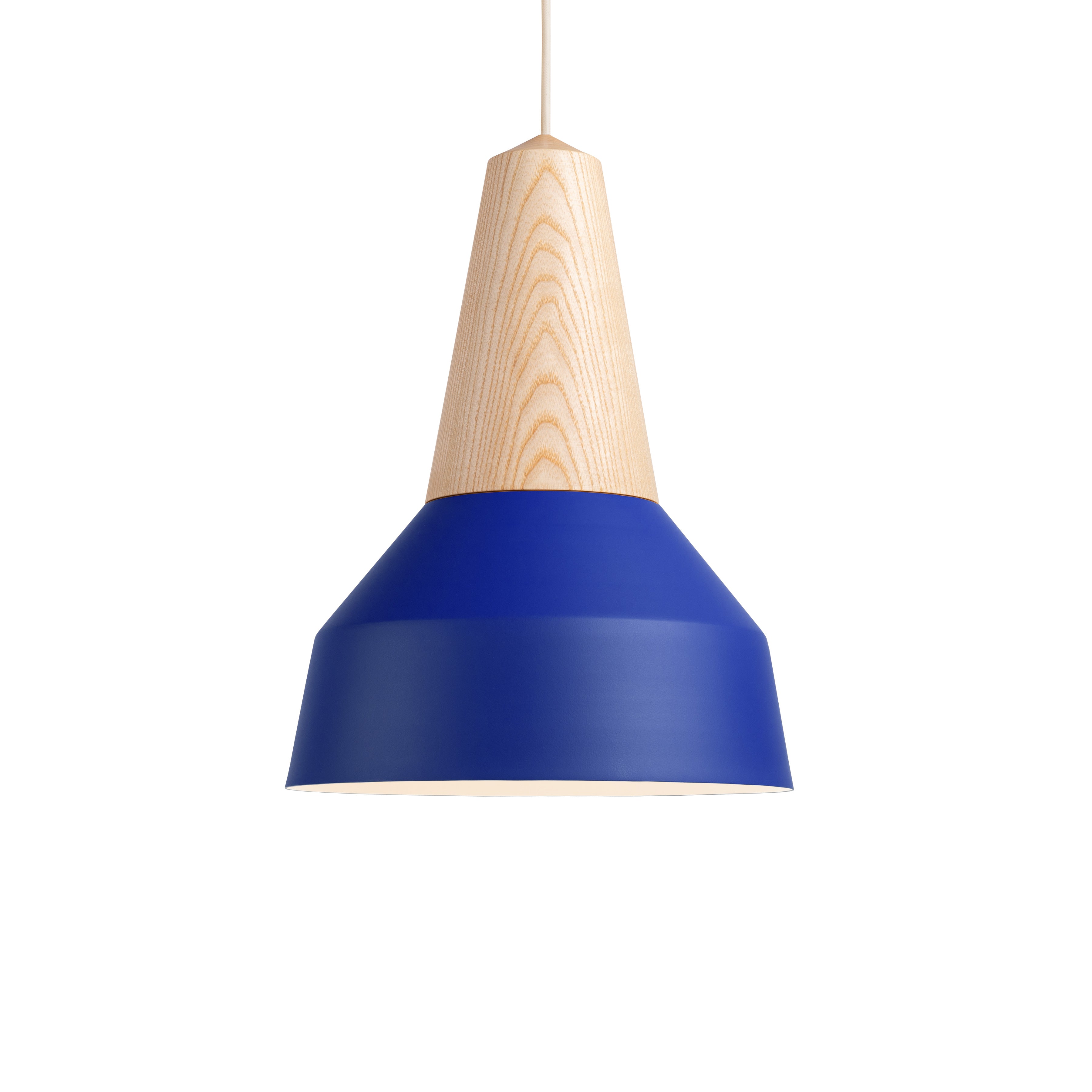The Schneid Eikon Basic True Blue is a modern pendant light with a blue lampshade and wooden top made of certified wood, creating a stylish and minimalist design against a white background.