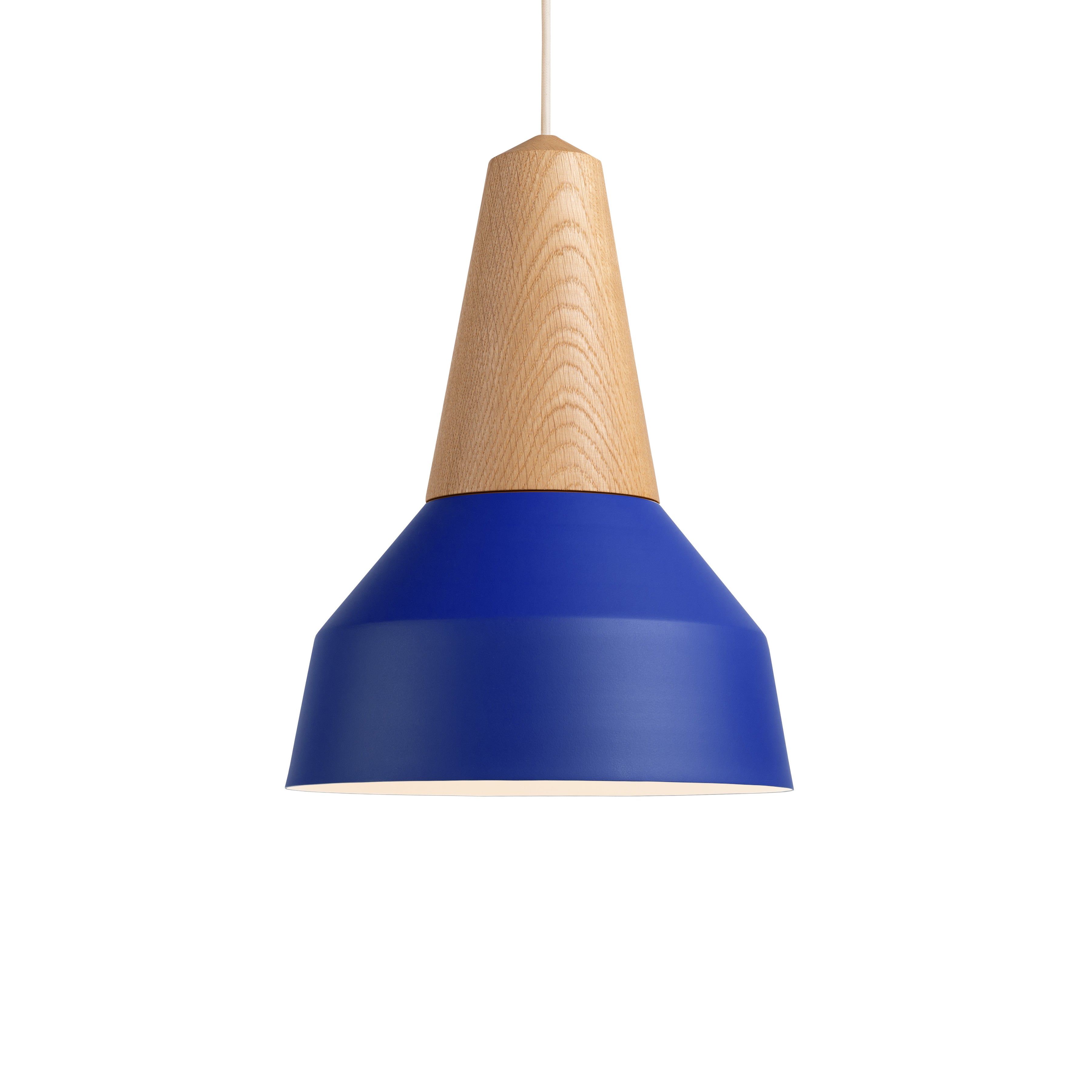 The Eikon Basic True Blue by Schneid is a modern pendant light with a certified wooden top and a sleek blue lampshade. It features a magnetic connection for easy assembly and hangs elegantly from a white cord against a plain white background.